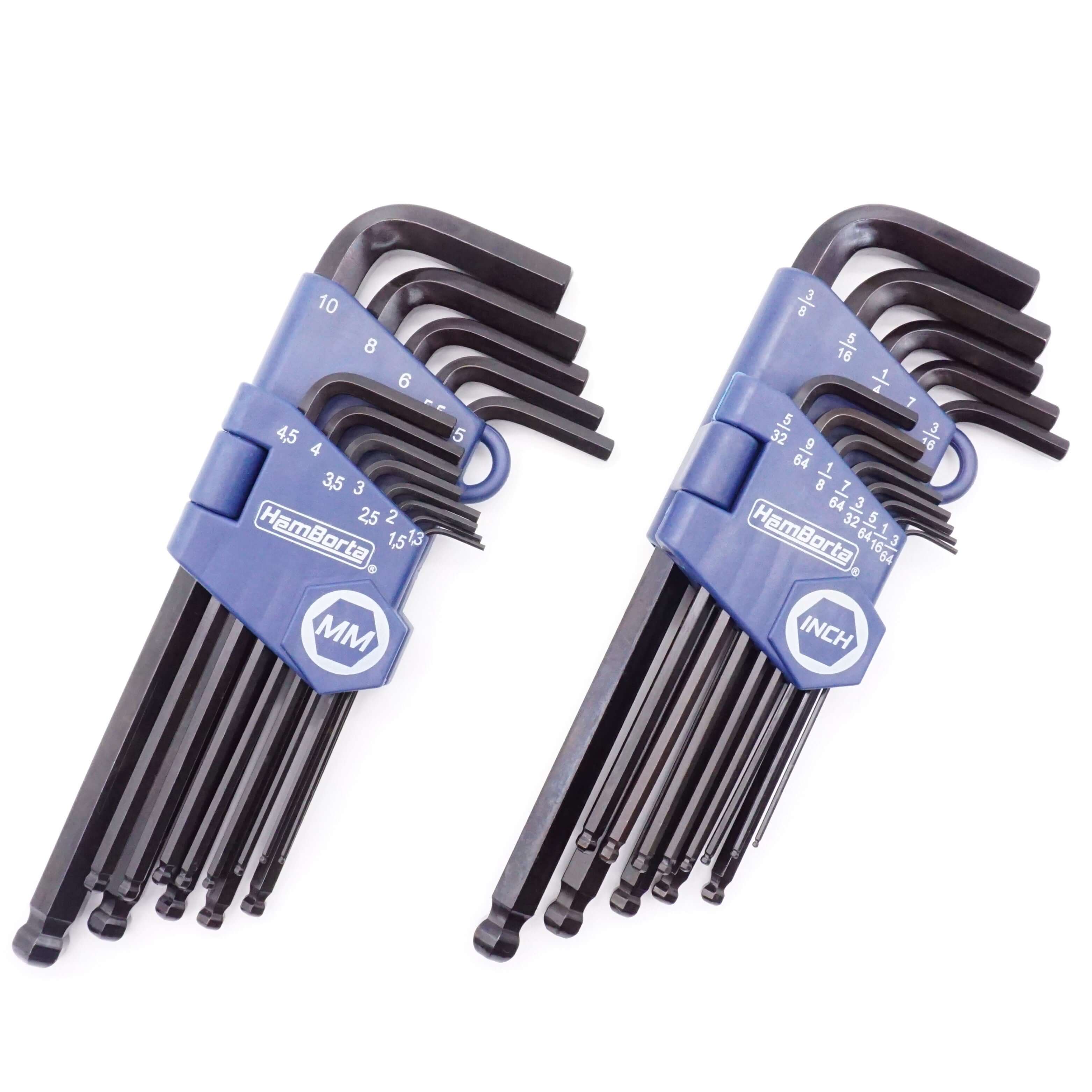 Metric and imperial Allen key sets side by side in labelled holders