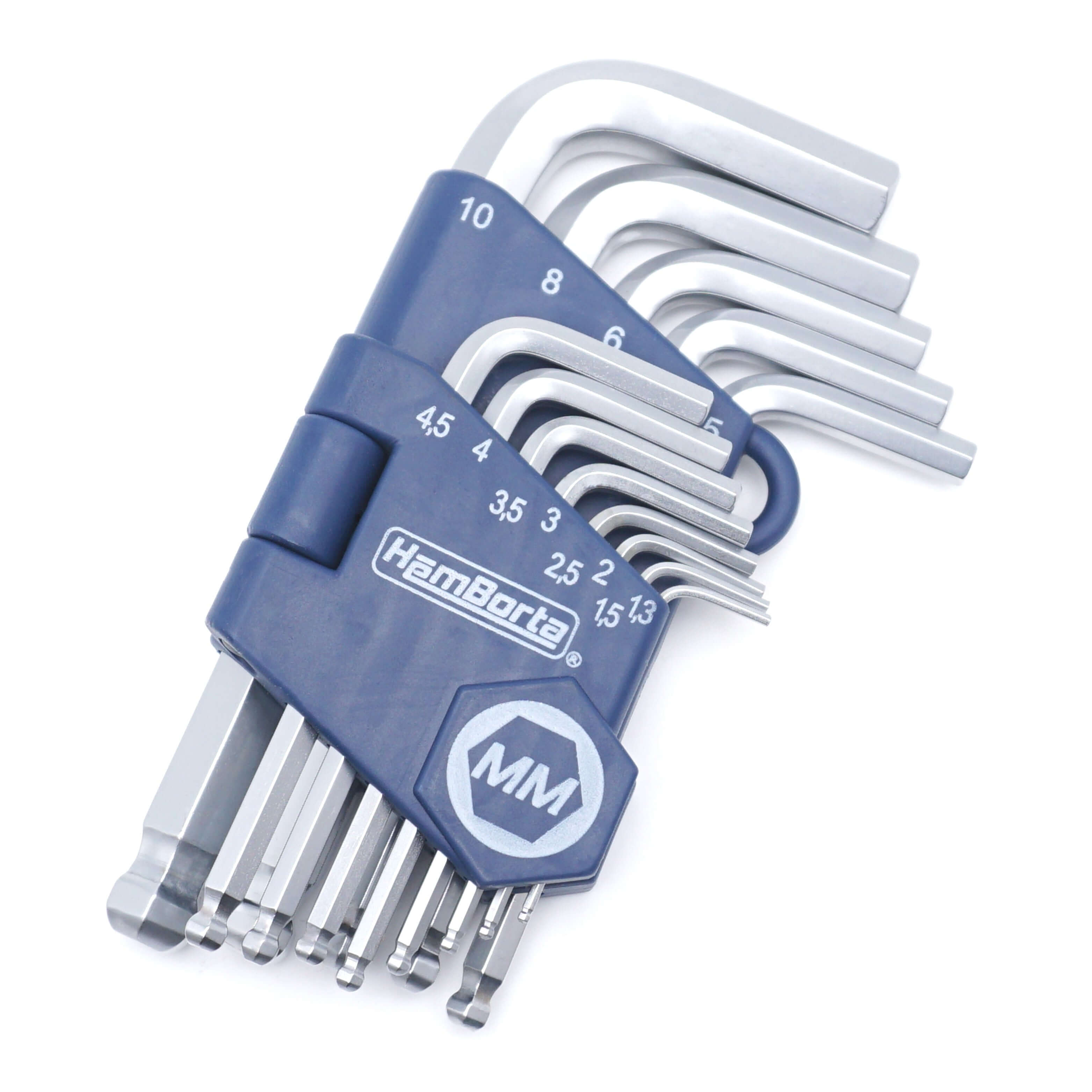 HemBorta 13pc short metric Allen key set, chrome vanadium steel hex keys, sizes 1.27-10mm with ball ends.