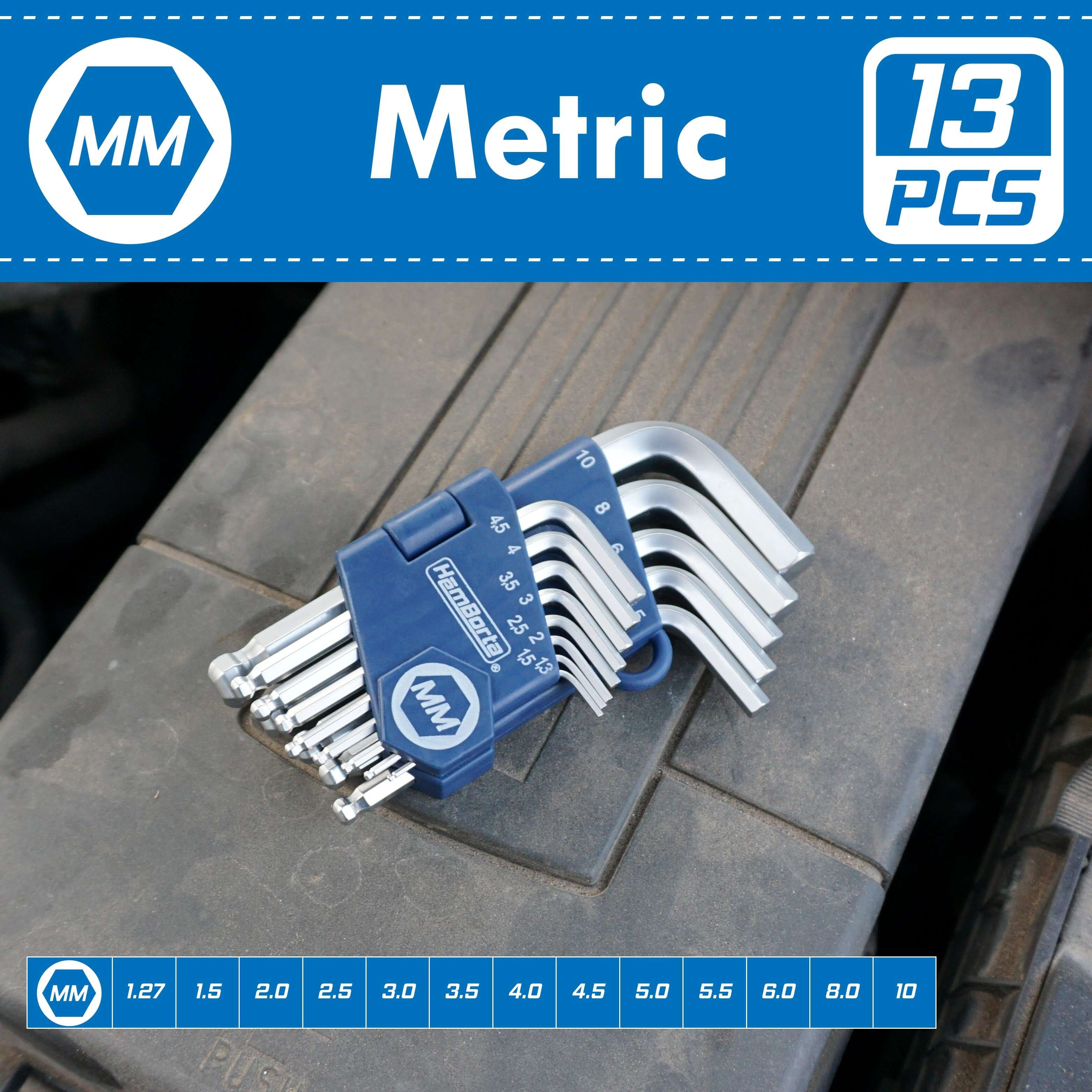 Short 13pc metric Allen key set with ball ends, sizes 1.27-10mm, heat-treated chrome vanadium steel.