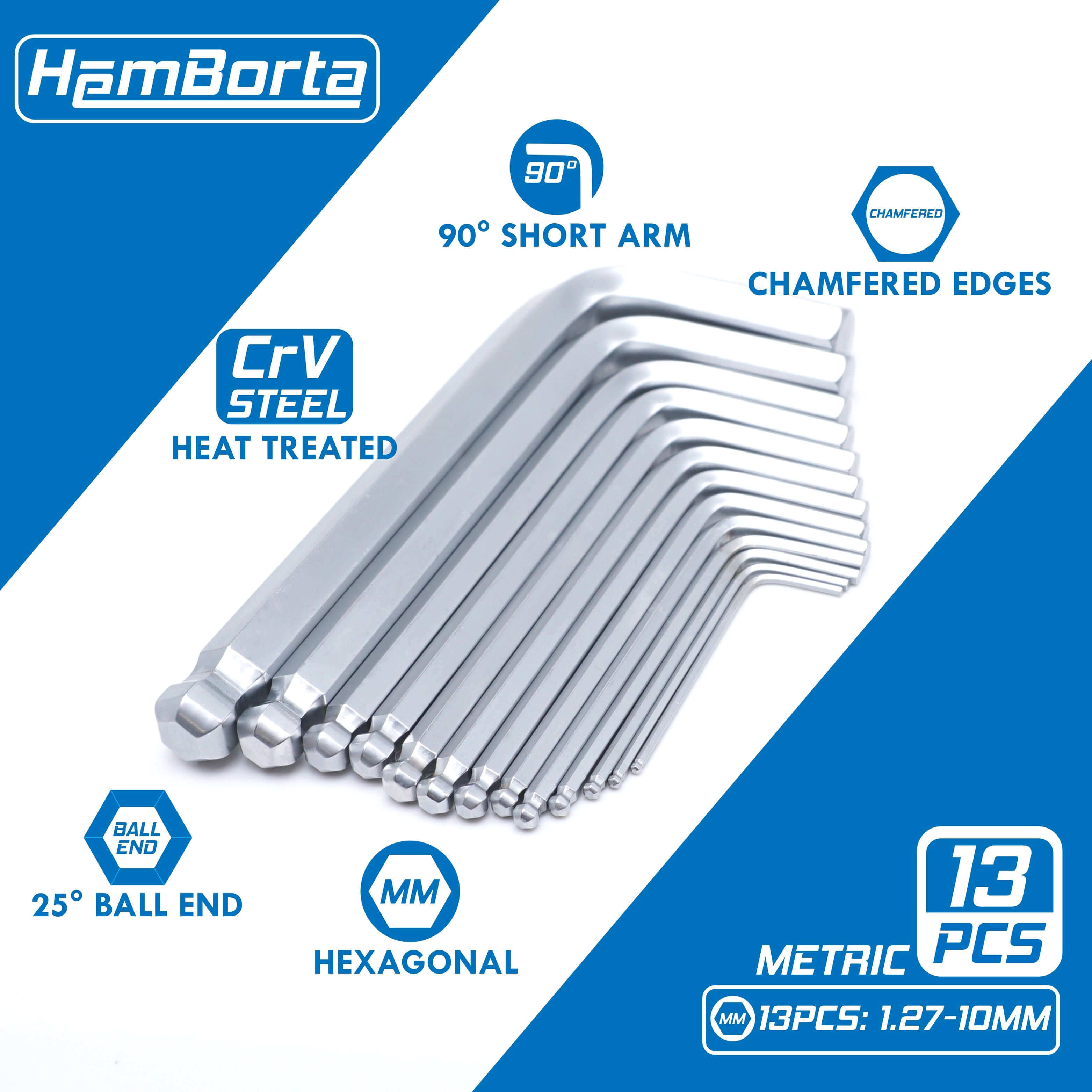 HemBorta 13pc Metric Allen Key Set with ball ends, heat treated CrV steel, short arms, and chamfered edges, sizes 1.27-10mm.