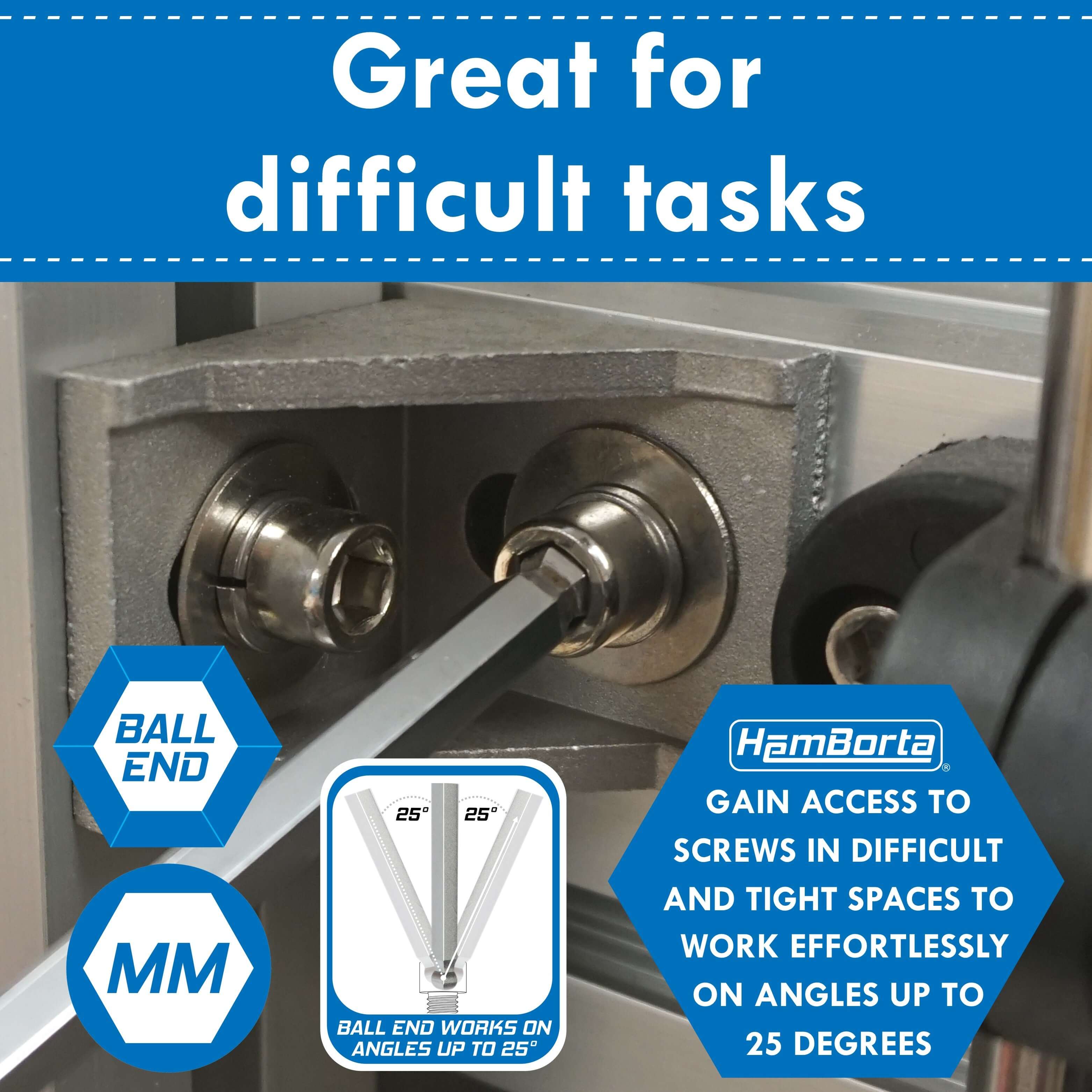 HemBorta Allen Keys in tight spaces, showcasing ball ends for screws at angles up to 25 degrees, ideal for tricky tasks.