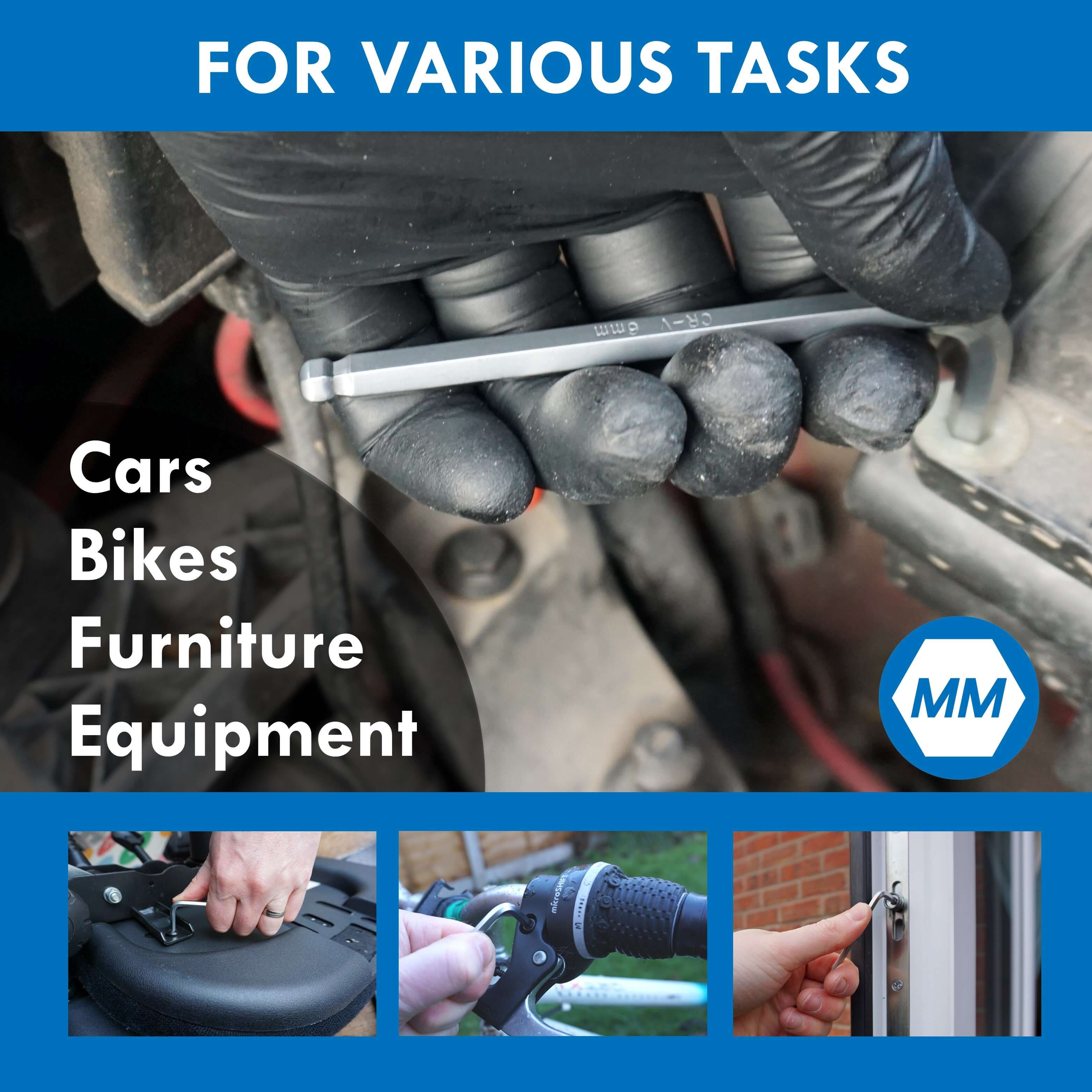 HemBorta Allen key set in use for various tasks like cars, bikes, and furniture, featuring heat-treated chrome vanadium steel.