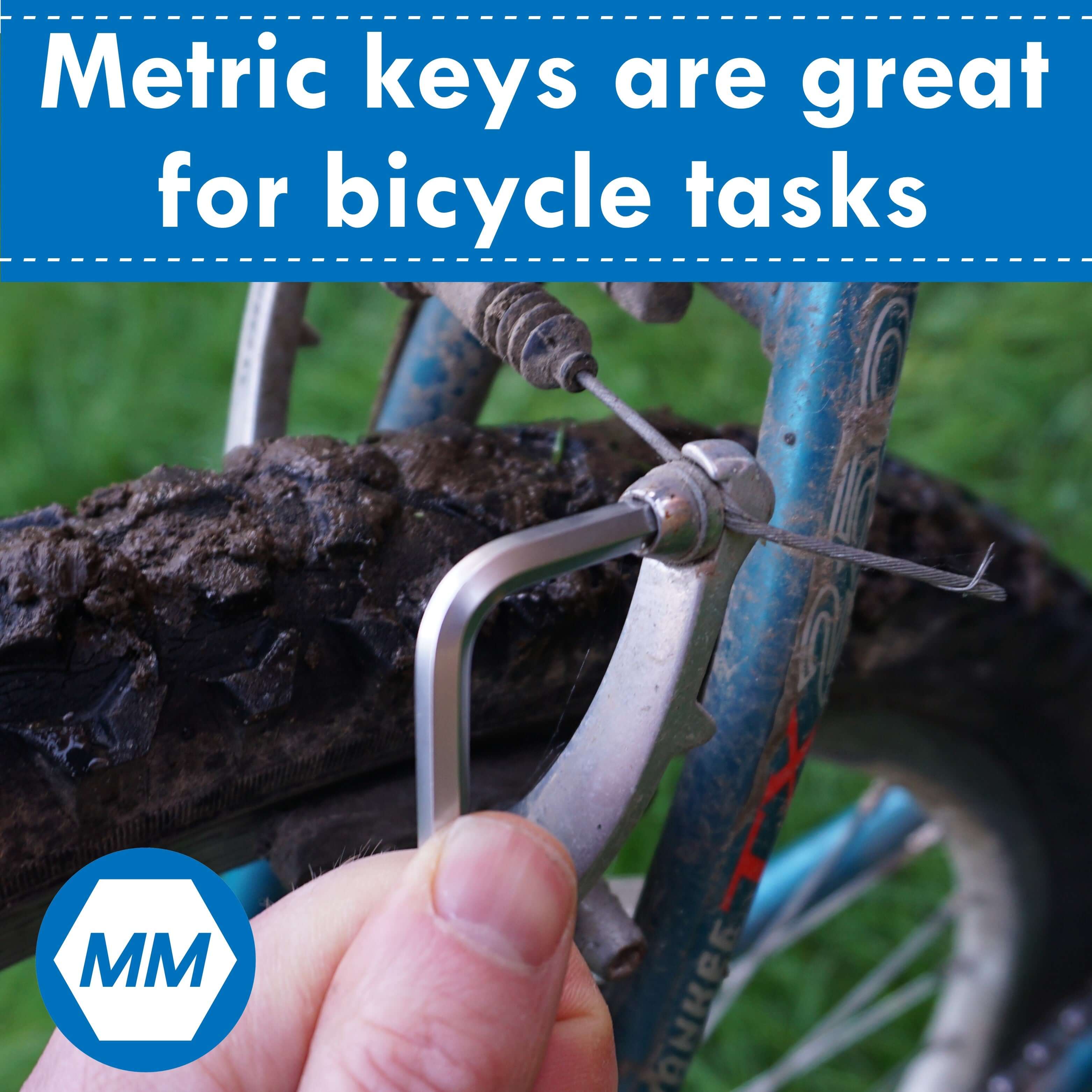 Person using a metric Allen key on a bicycle for maintenance tasks, showcasing its practicality in cycling repairs.