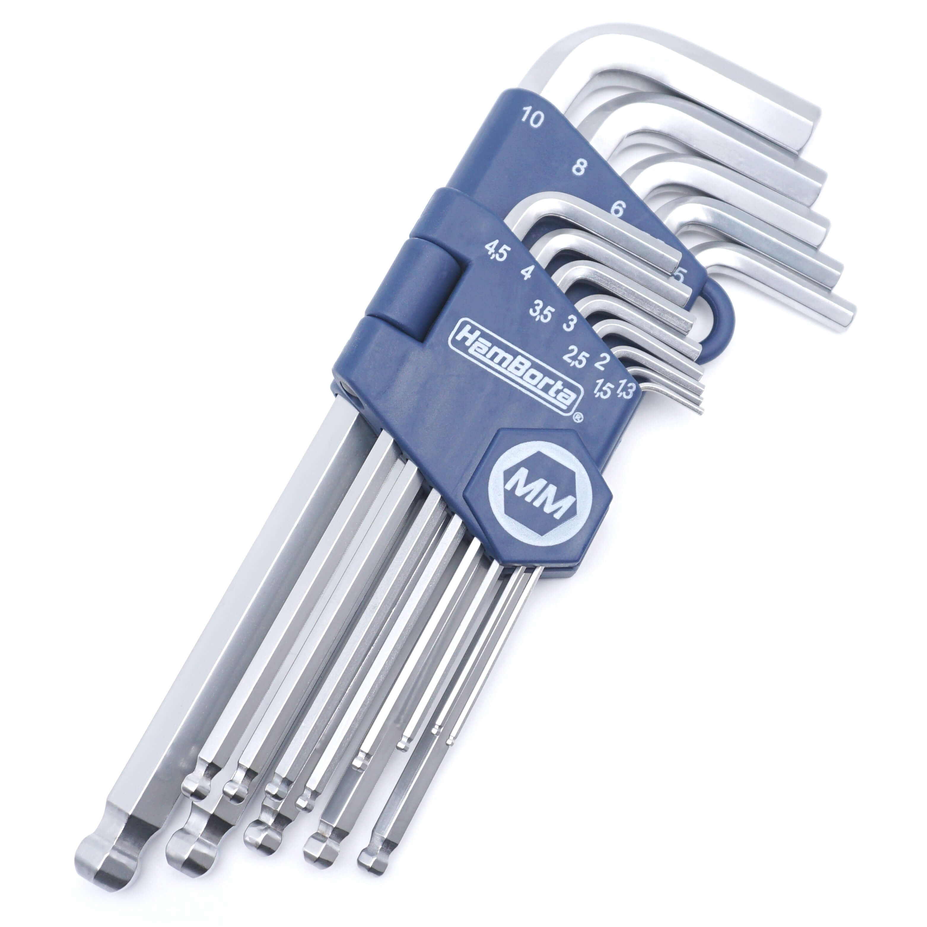 HemBorta 13pc Metric Allen Key Set with long ball ends, sizes 1.27-10mm, made from durable chrome vanadium steel.