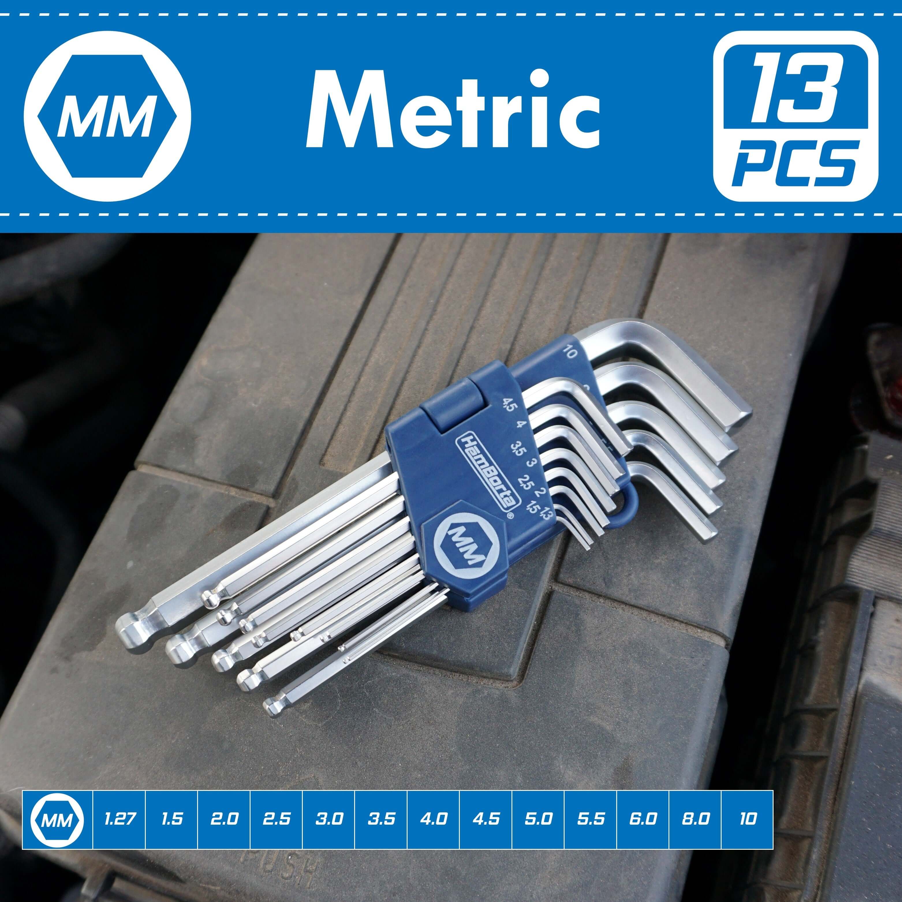 HemBorta 13pc Metric Ball End Allen Key Set on a tool surface, featuring sizes from 1.27mm to 10mm for versatile use.