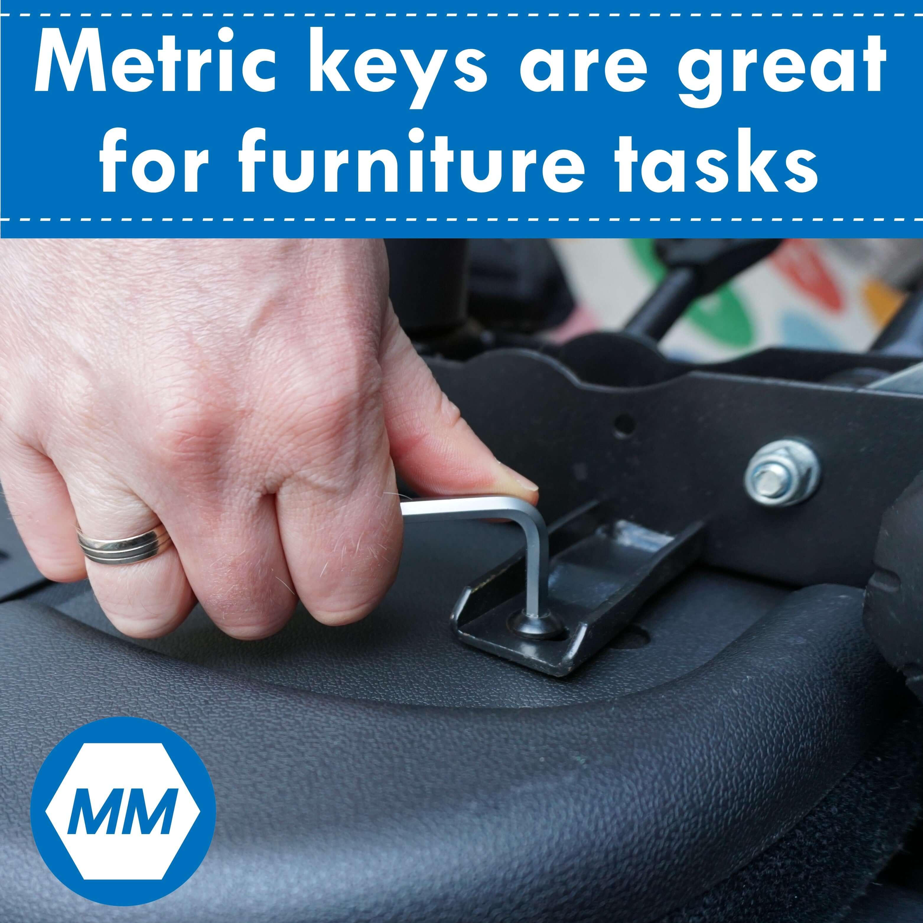 Close-up of a hand using a metric Allen key on furniture, highlighting its practicality for assembly tasks.