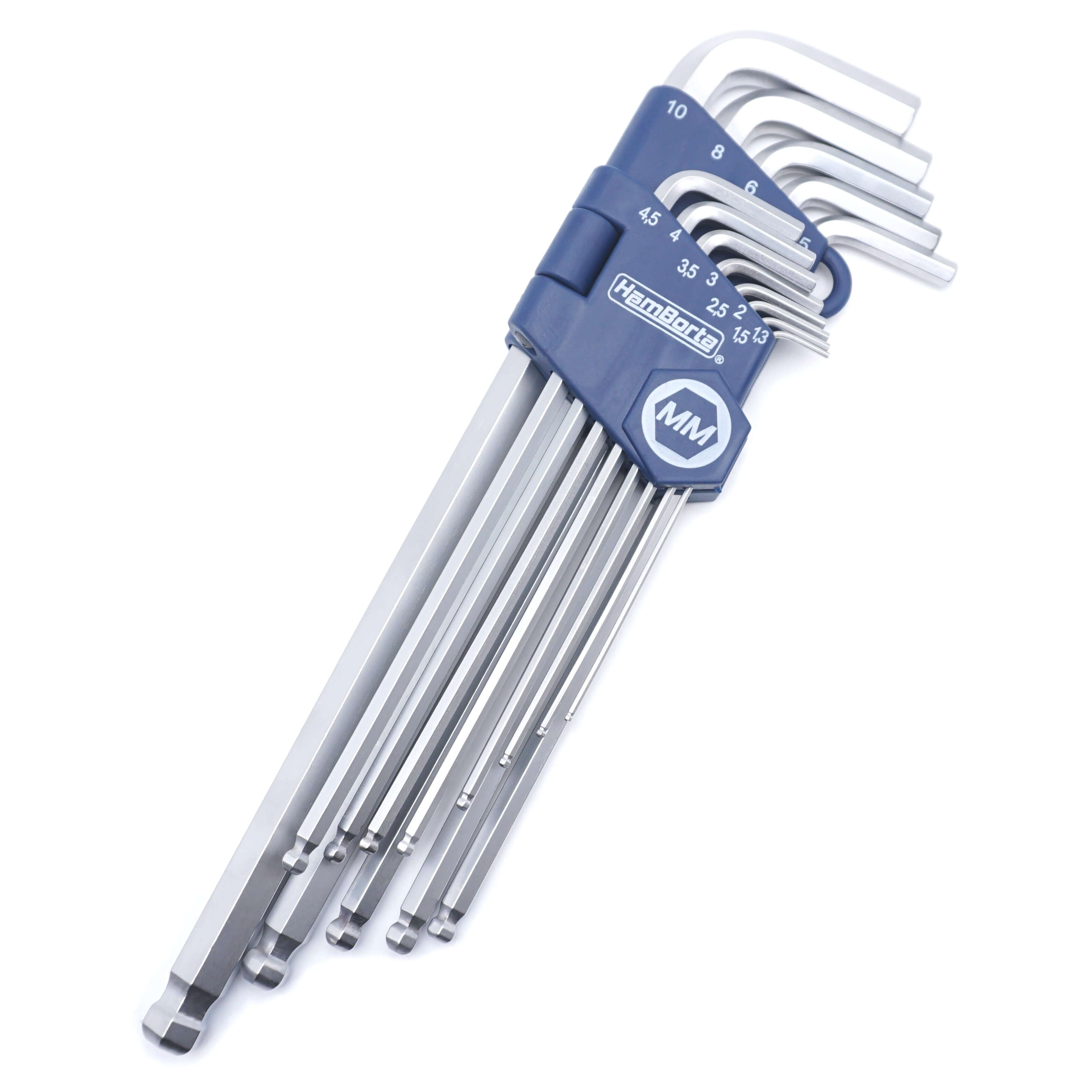 HemBorta 13pc metric Allan key set with extra long ball ends, sizes 1.27-10mm in durable chrome vanadium steel.