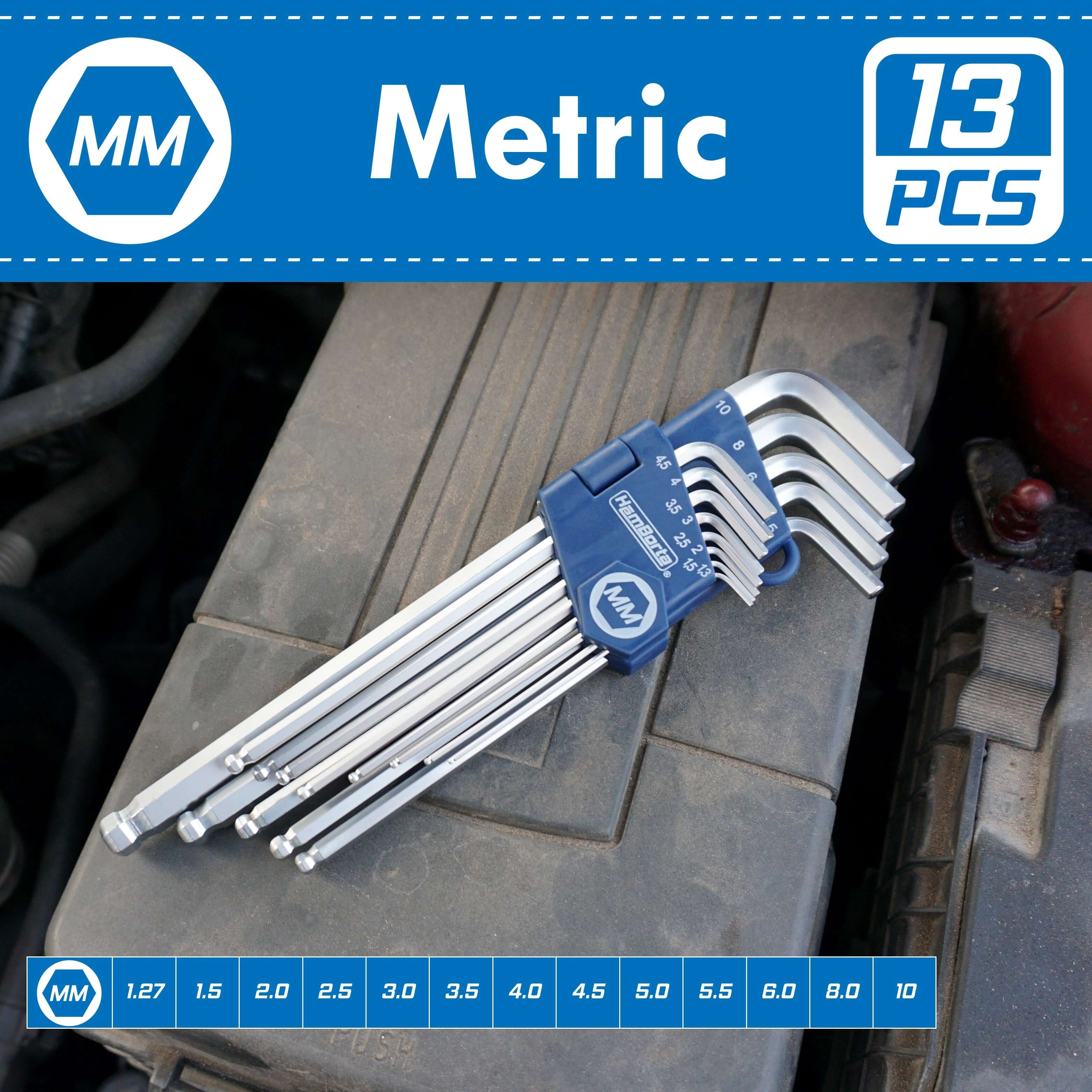 HemBorta Metric Allen Key Set with 13 pieces featuring ball ends and extra long lengths, sizes 1.27-10mm.