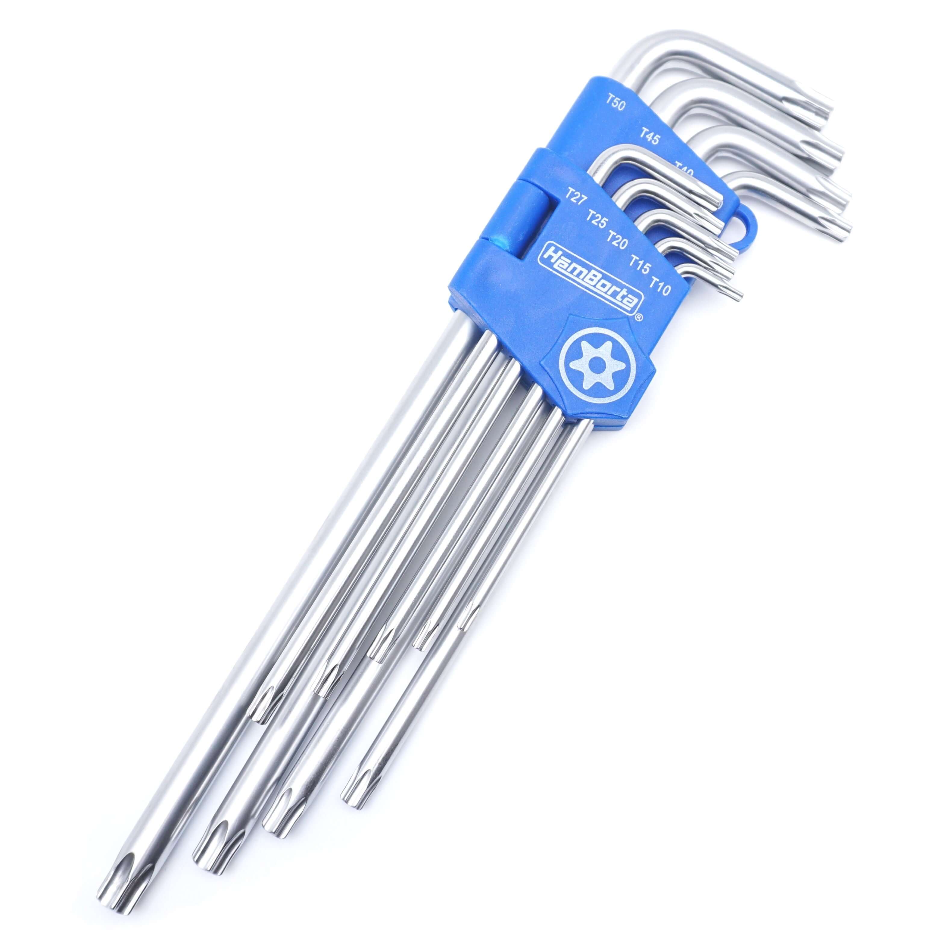 HemBorta 9pc Extra Long Torx Key Set T10-T50, security star allen keys in blue holder.