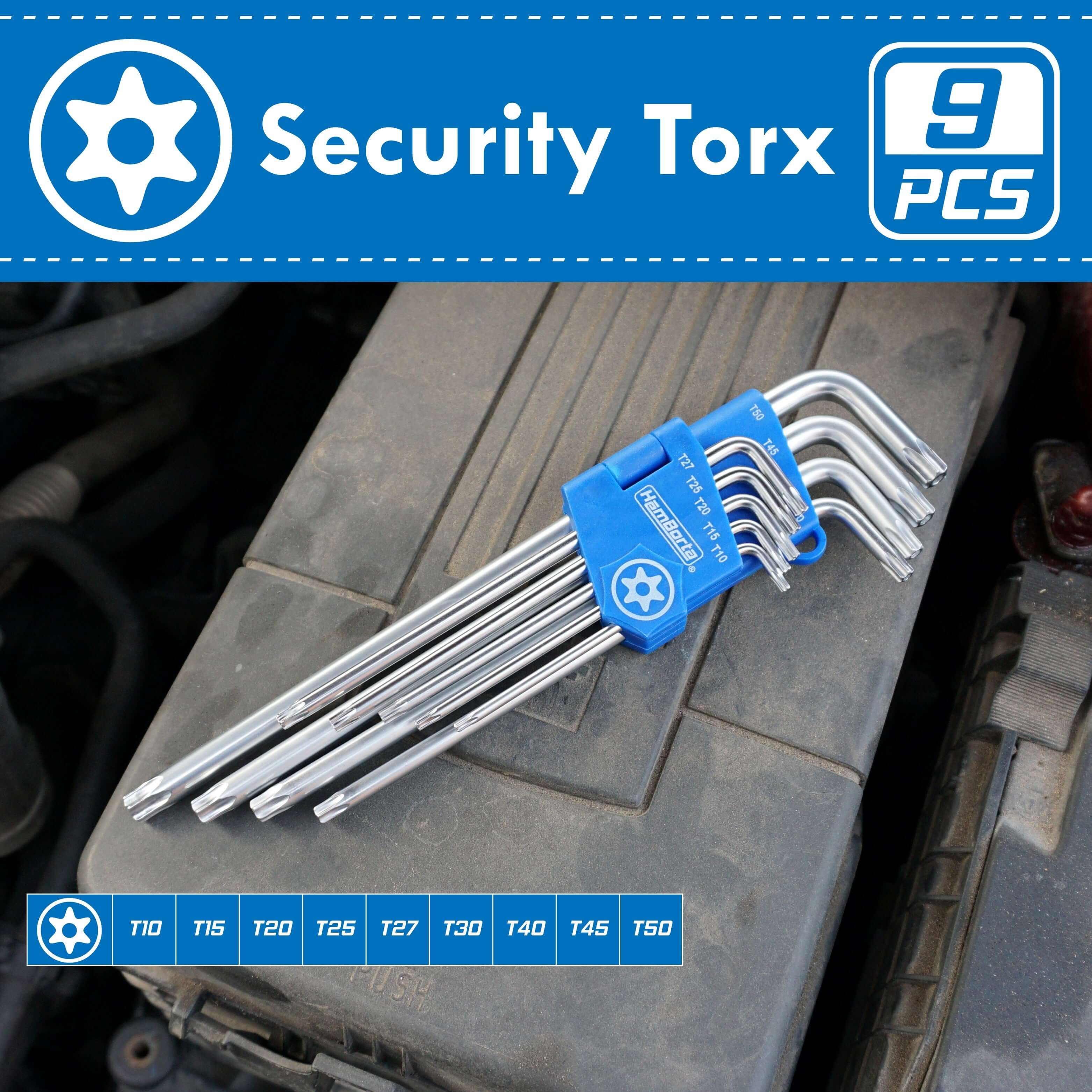 HemBorta 9pc Extra Long Security Torx Key Set T10-T50, ideal for car and motorcycle maintenance, heat treated CRV steel.