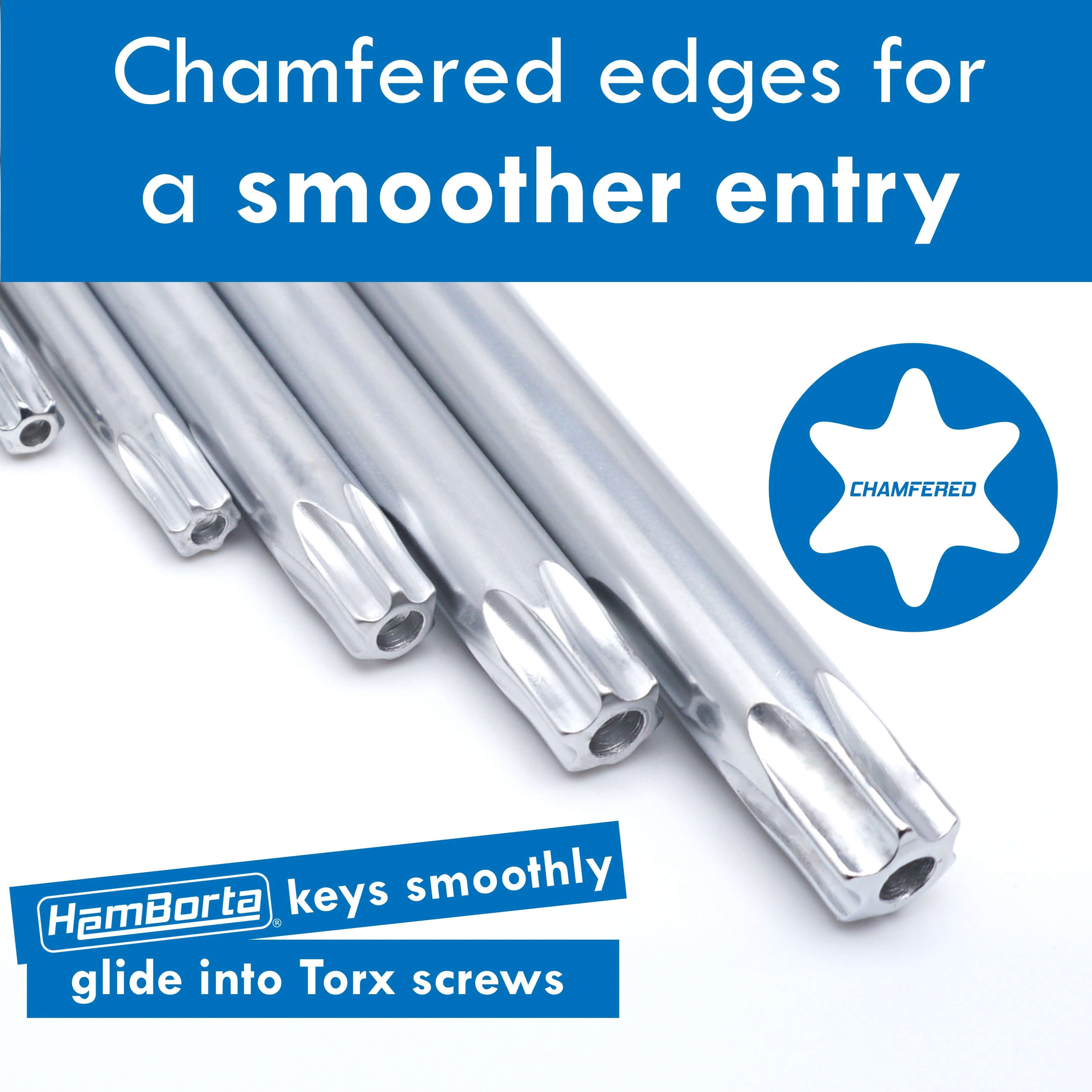 Chamfered edges of HemBorta Torx Keys for smooth entry into T10-T50 screws. Ideal for star allen key set tasks.