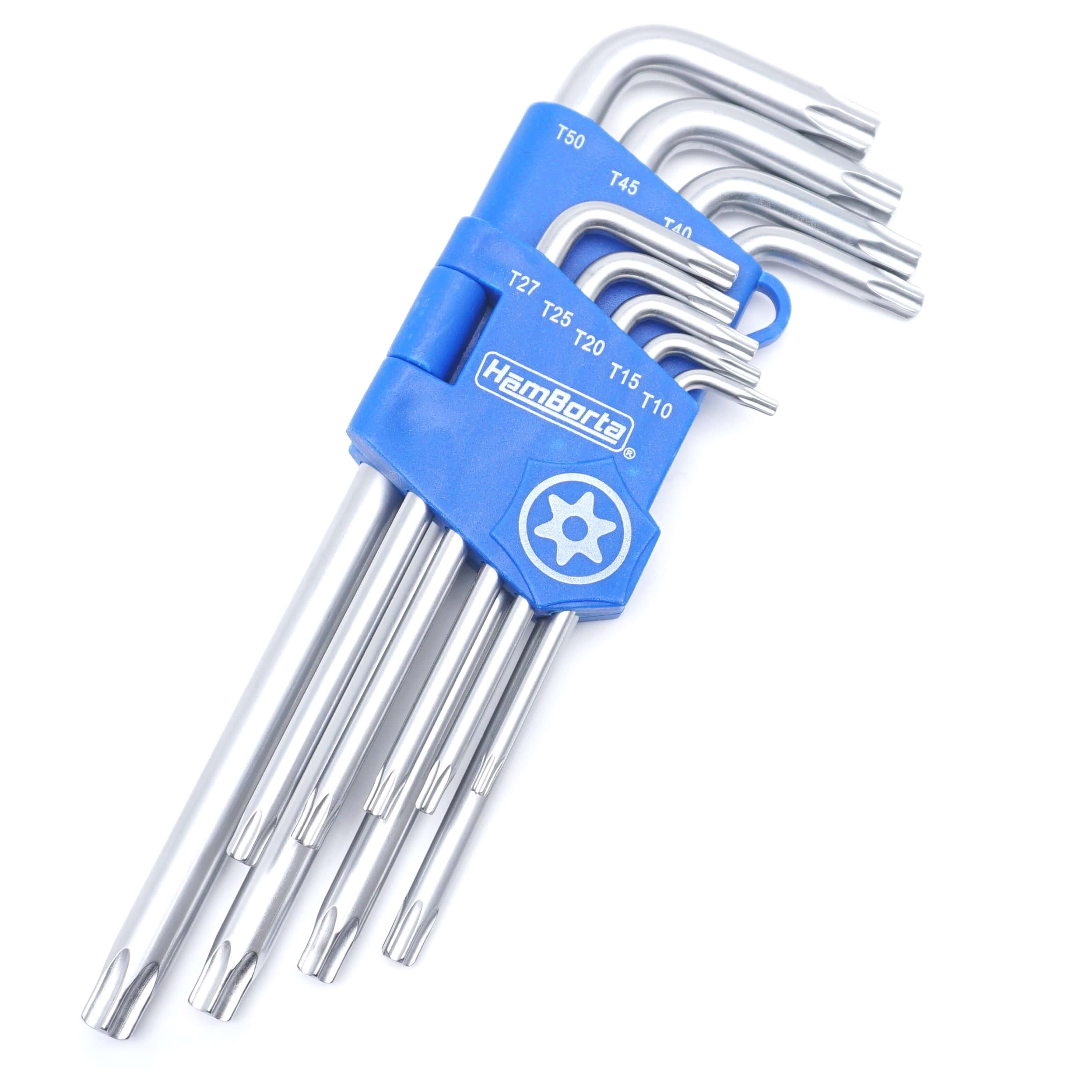 HemBorta 9pc long security Torx key set T10-T50 for star screws in a blue holder
