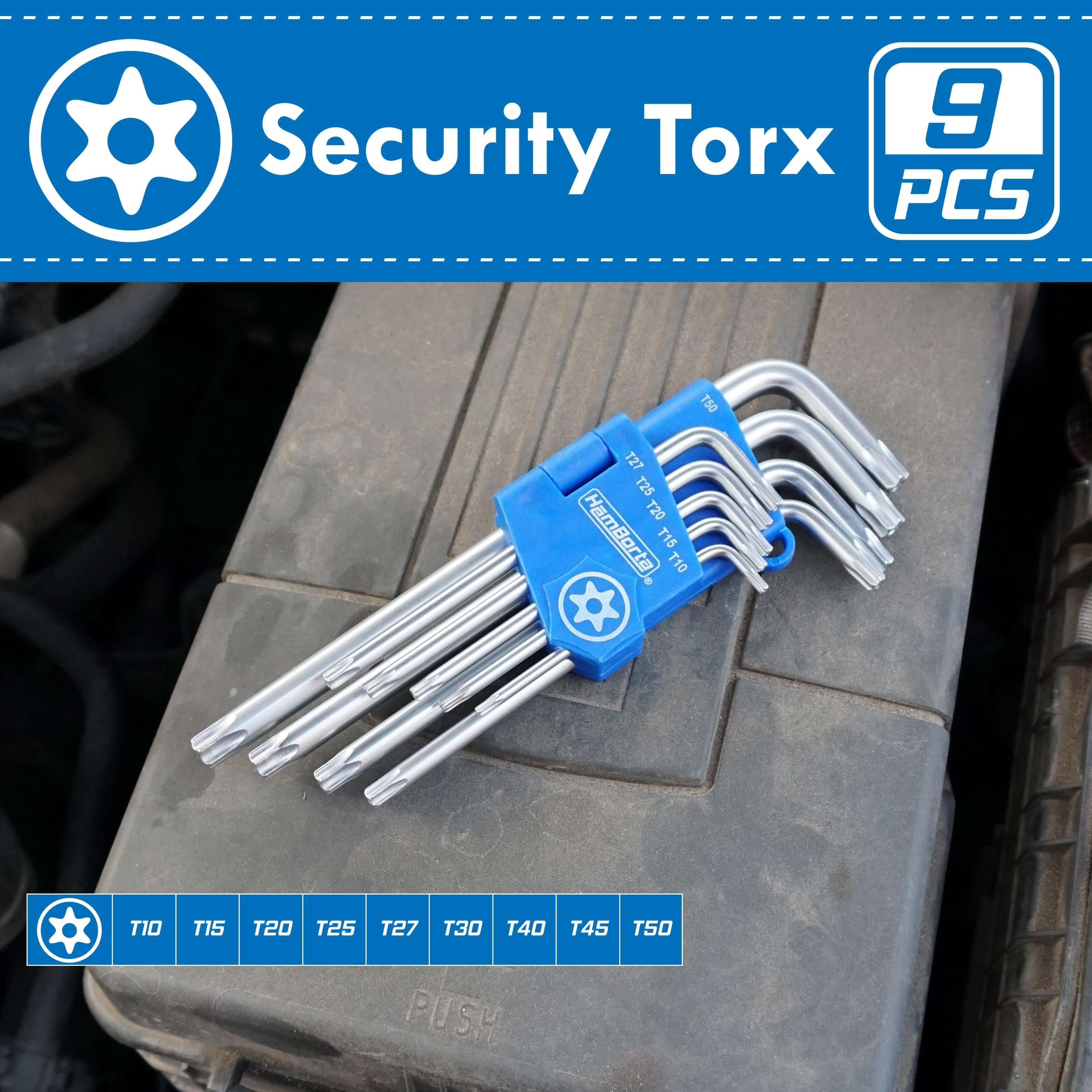9-piece HemBorta Security Torx Key Set on a toolbox, featuring T10-T50 sizes for versatile use.