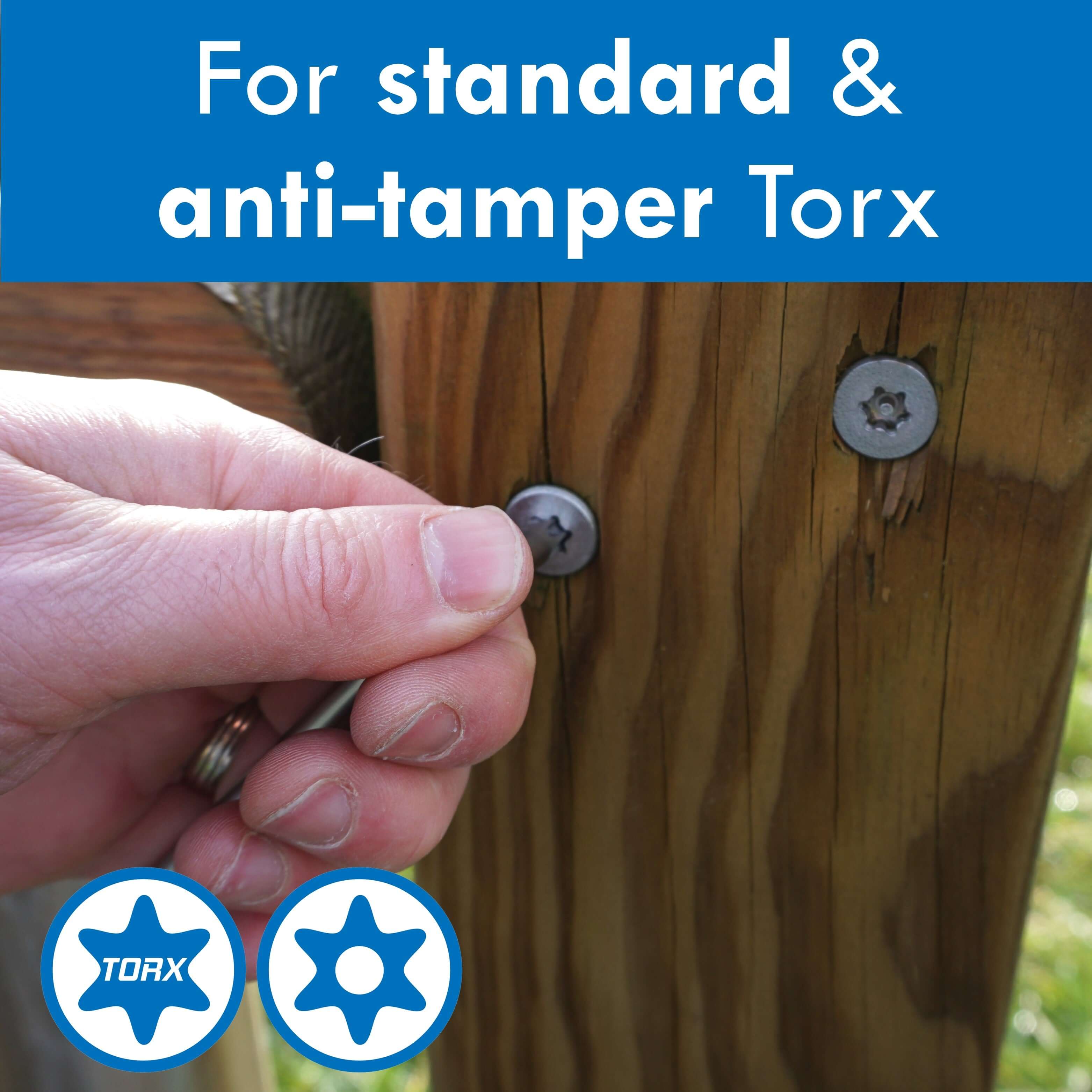 Hand using a Torx key on standard and anti-tamper Torx screws, demonstrating versatile application.