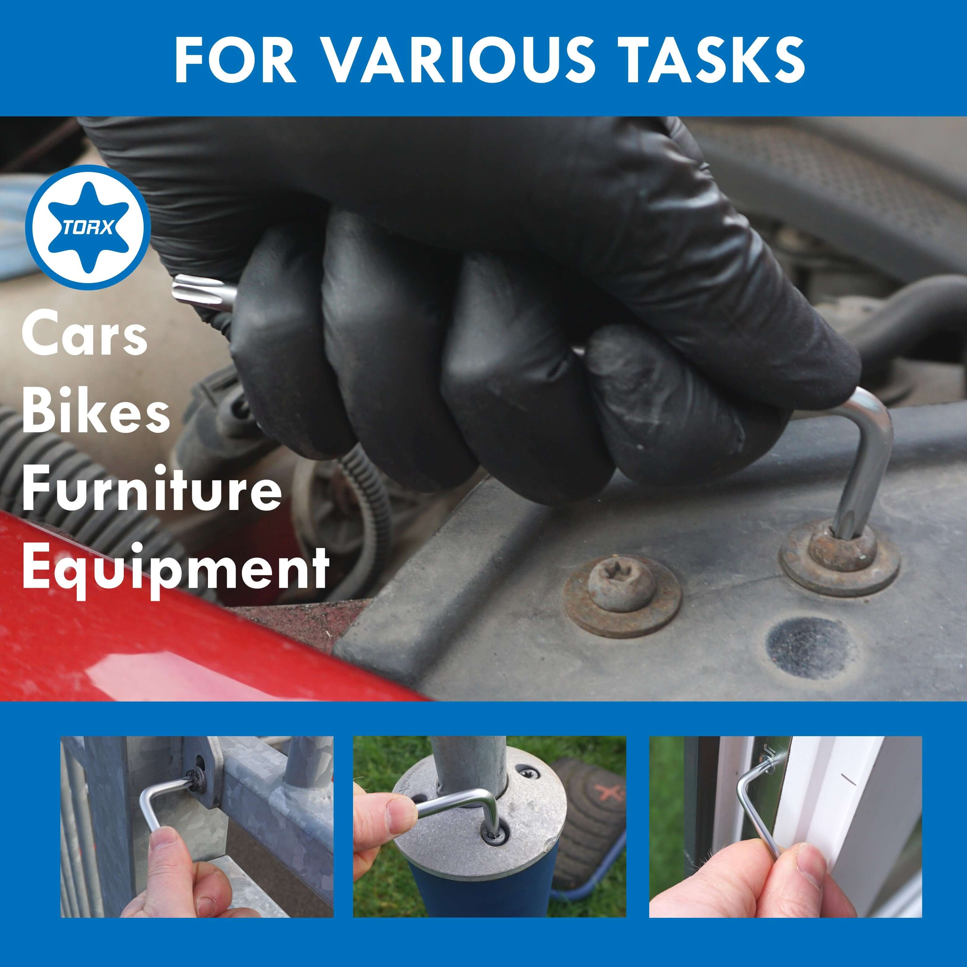 Person using a Torx key set for various tasks on cars, bikes, furniture, and equipment.
