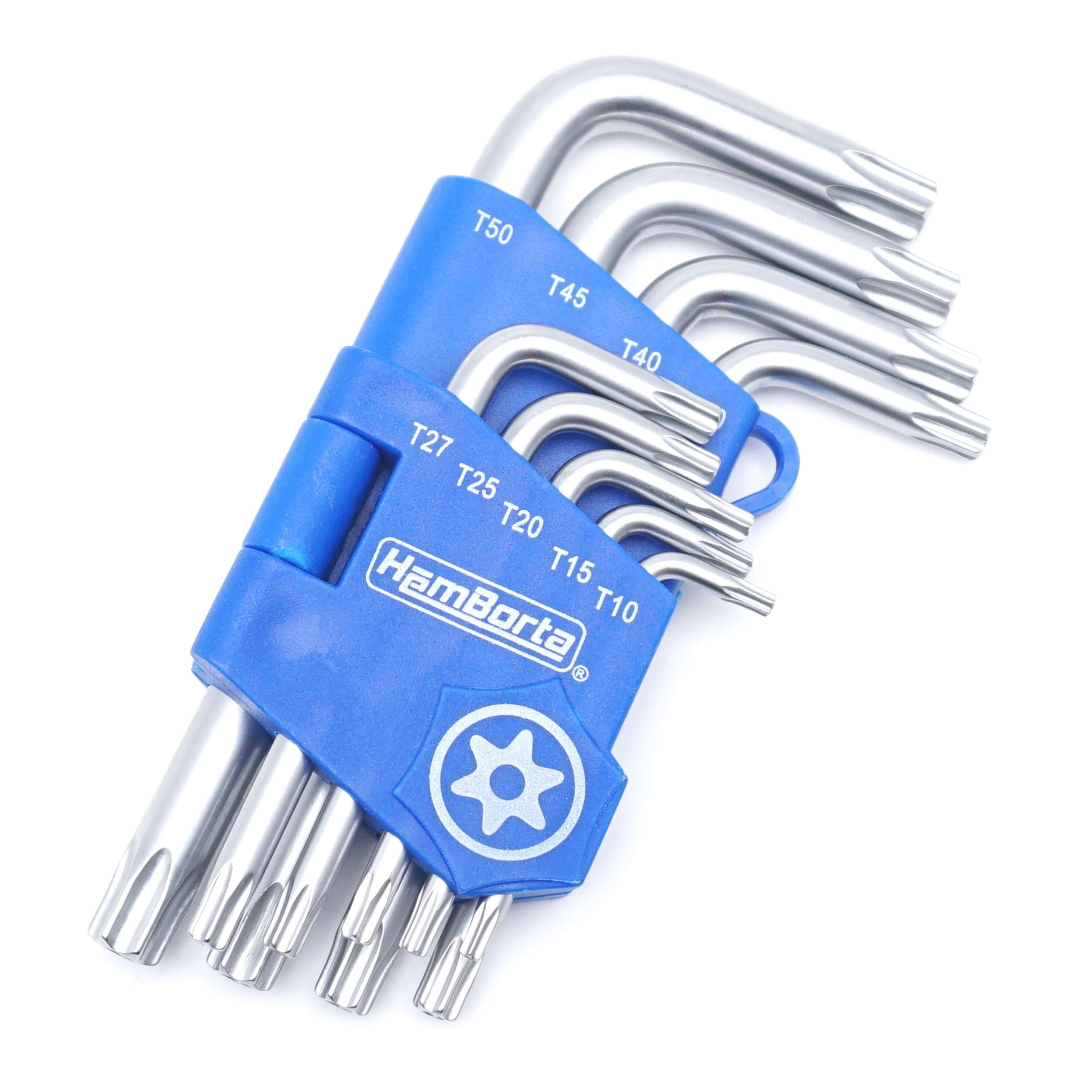 HemBorta 9pc Torx Key Set featuring short security star keys T10-T50 for car and motorcycle maintenance.
