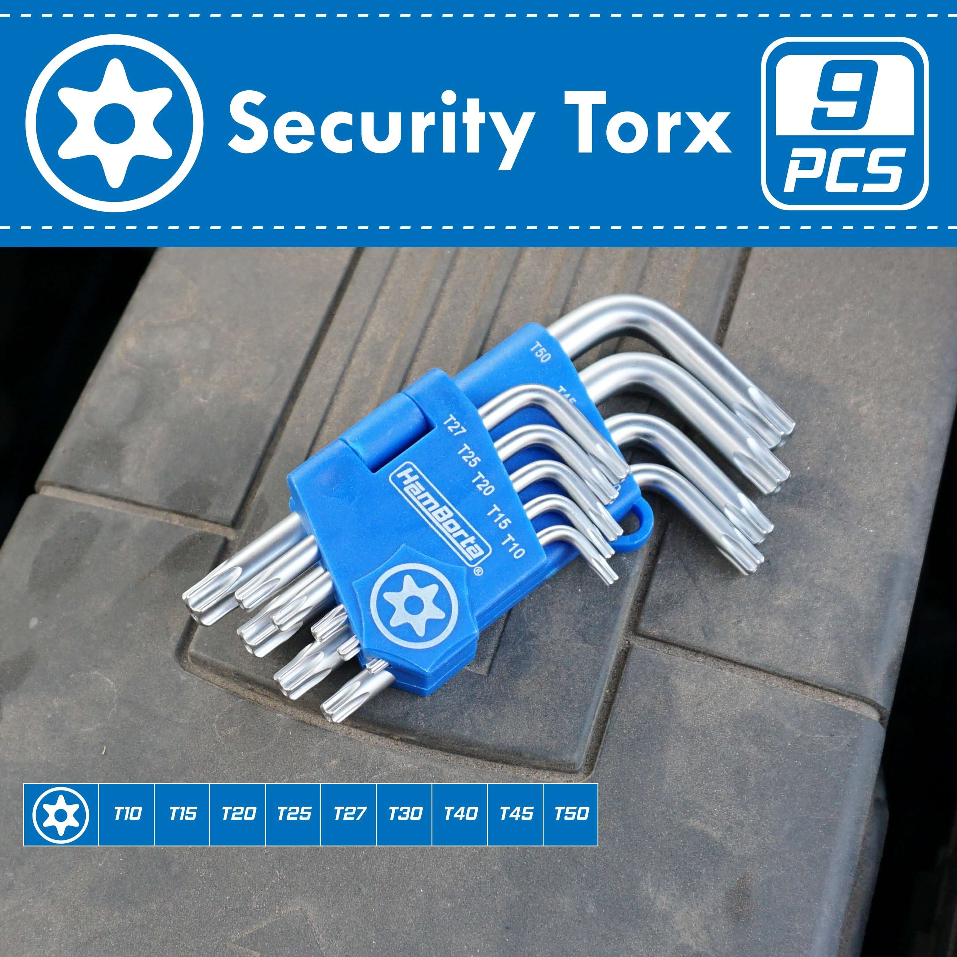 HemBorta 9pc Security Torx Key Set for T10-T50 sizes on a surface, ideal for star allen key tasks.