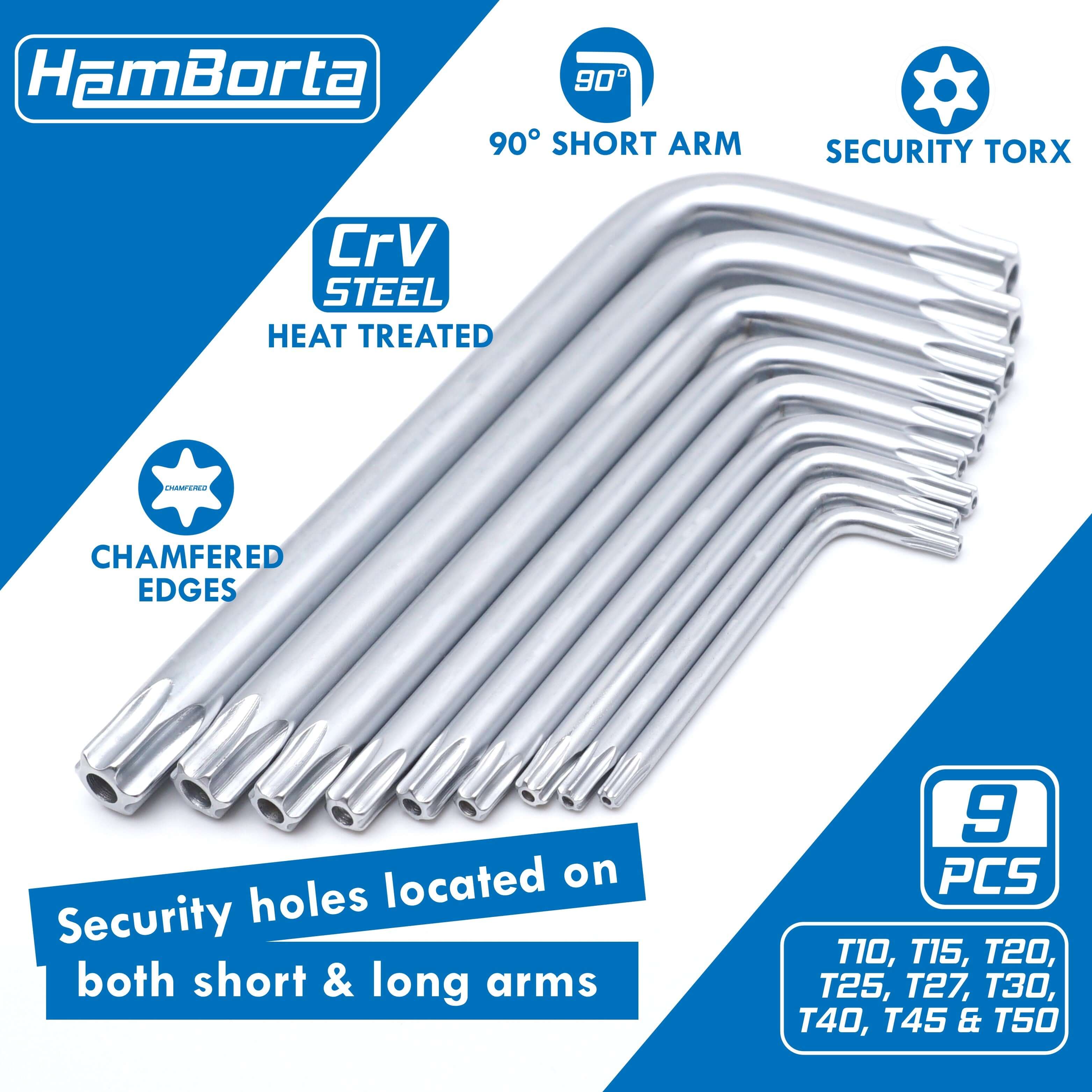 HemBorta 9pc Torx Key Set featuring heat treated CRV steel, short arm design, chamfered edges for security torx screws T10-T50.