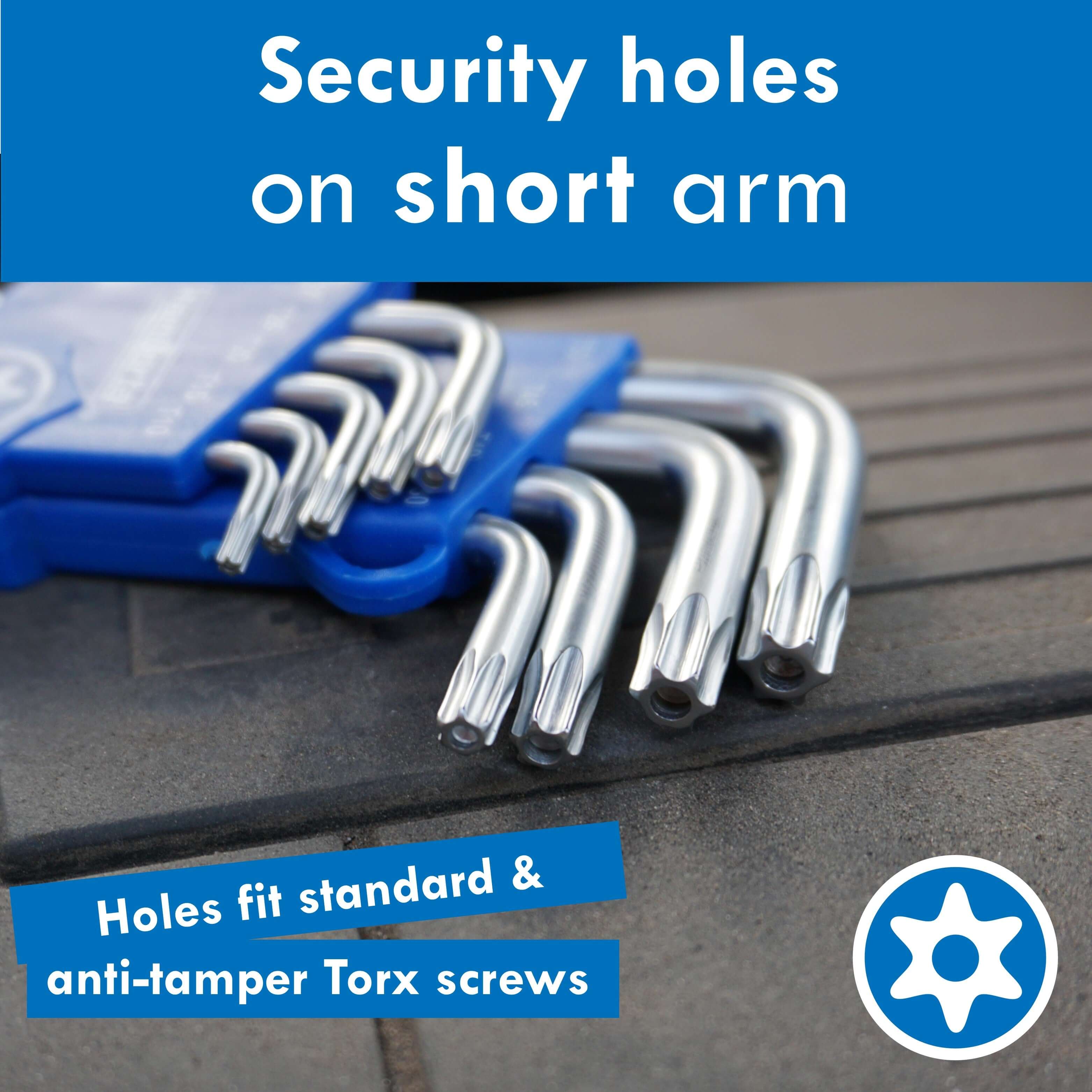 9pc HemBorta Torx key set with security holes for short arm, fits standard and anti-tamper Torx screws.