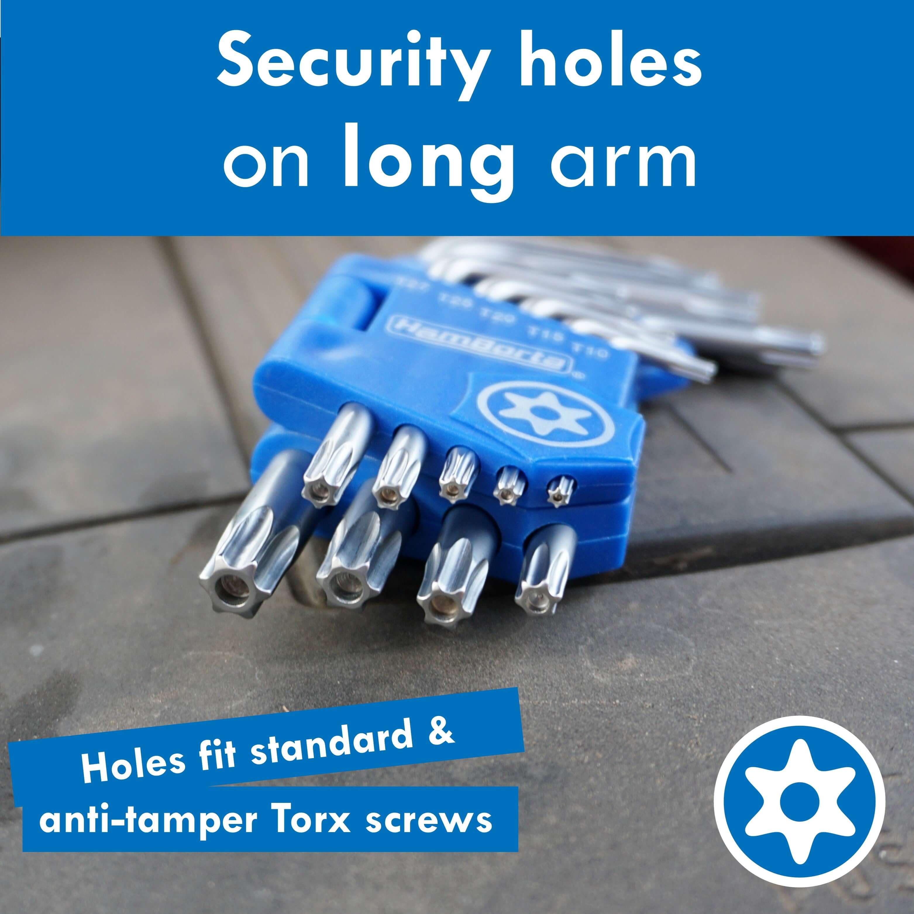 HemBorta Torx Key Set with security holes for long arm, fits standard and anti-tamper Torx screws.