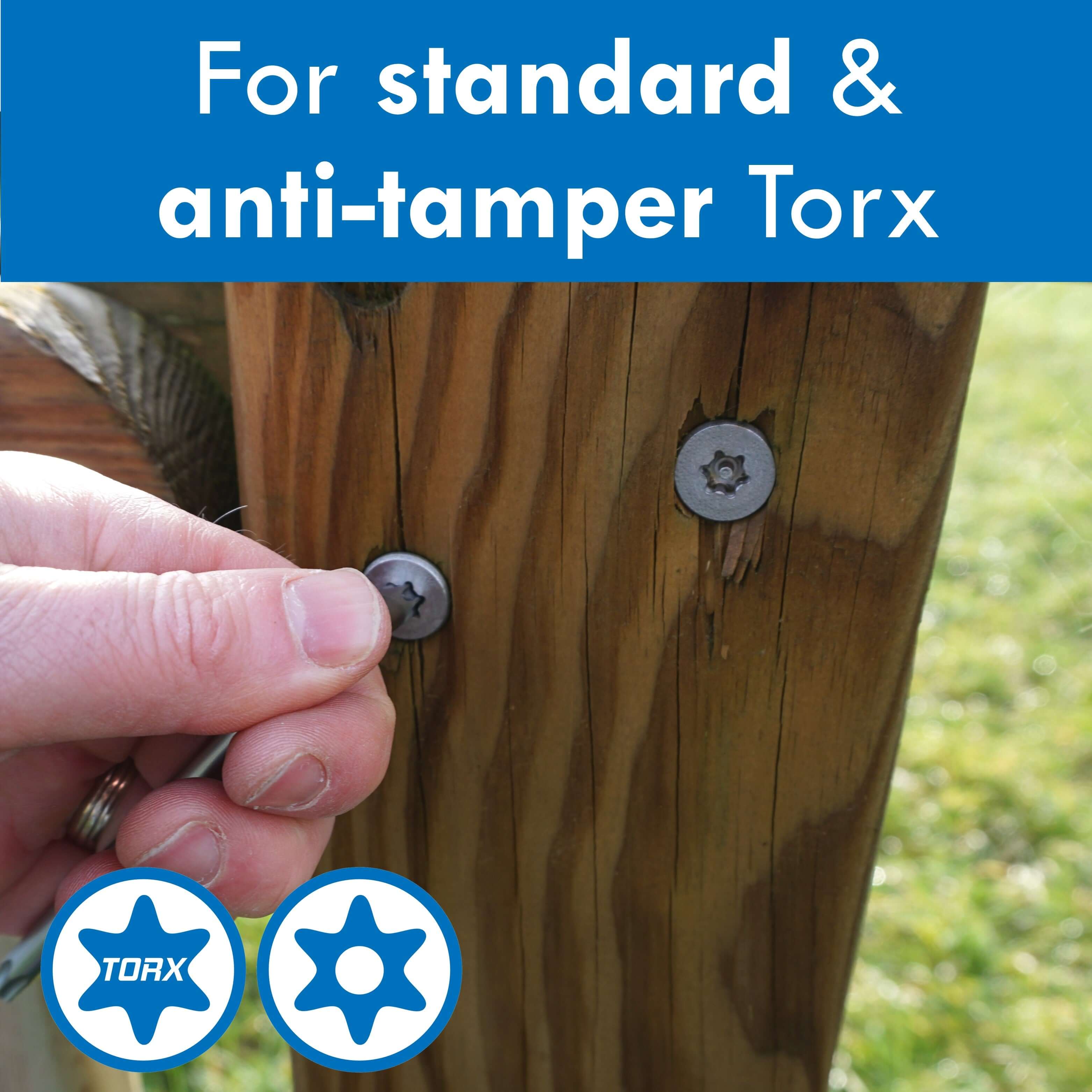 Person using a Torx key on standard and anti-tamper screws for wood maintenance.