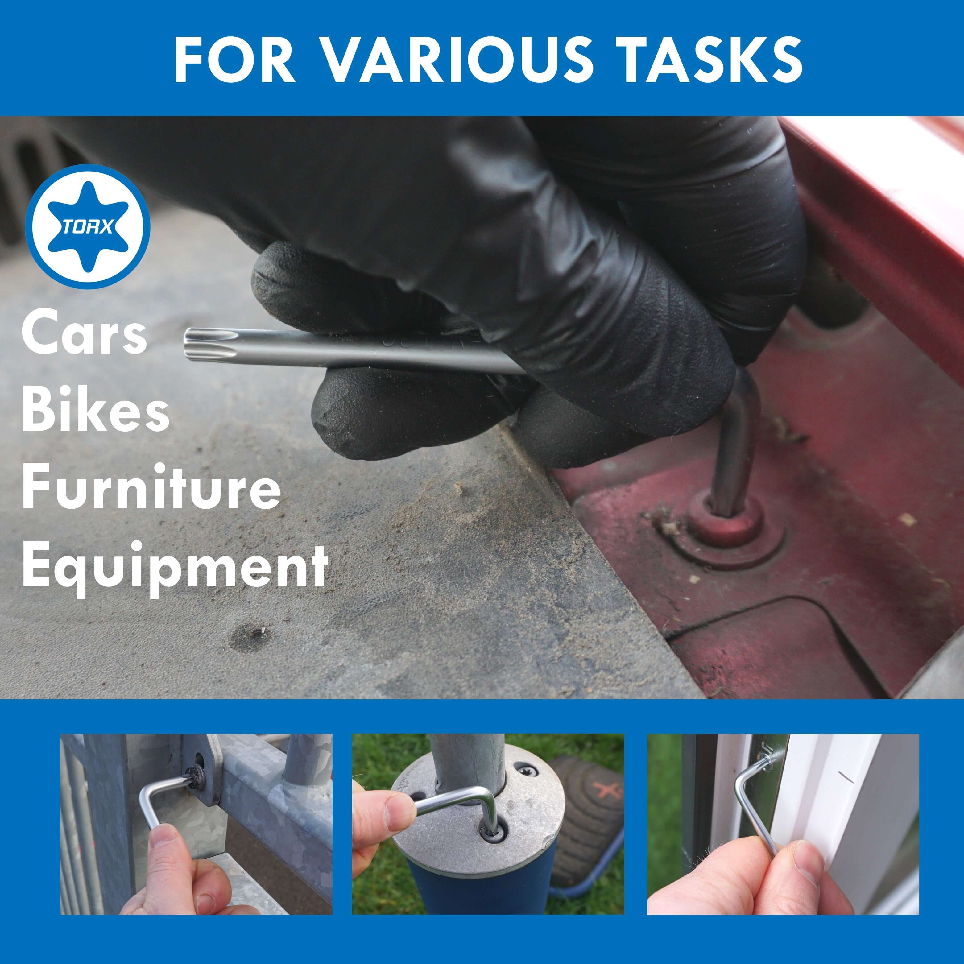 Hands using a Torx key for various tasks on cars, bikes, furniture, and equipment.