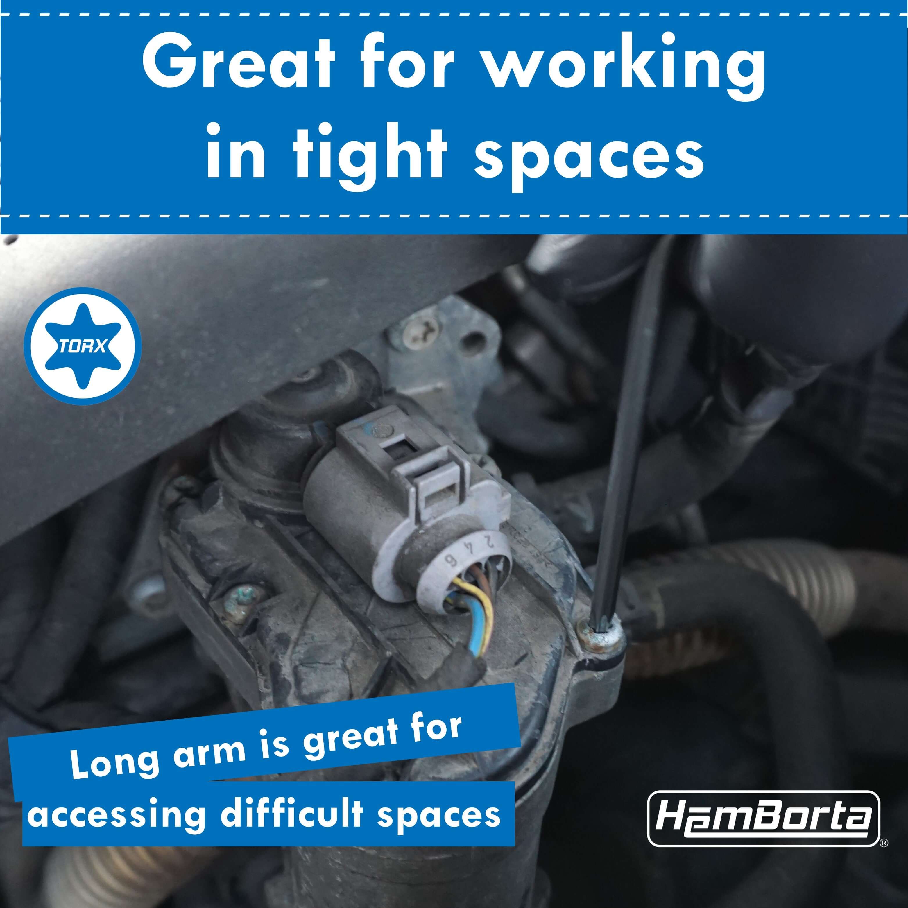 HemBorta Torx Key in use for accessing tight spaces in automotive maintenance.