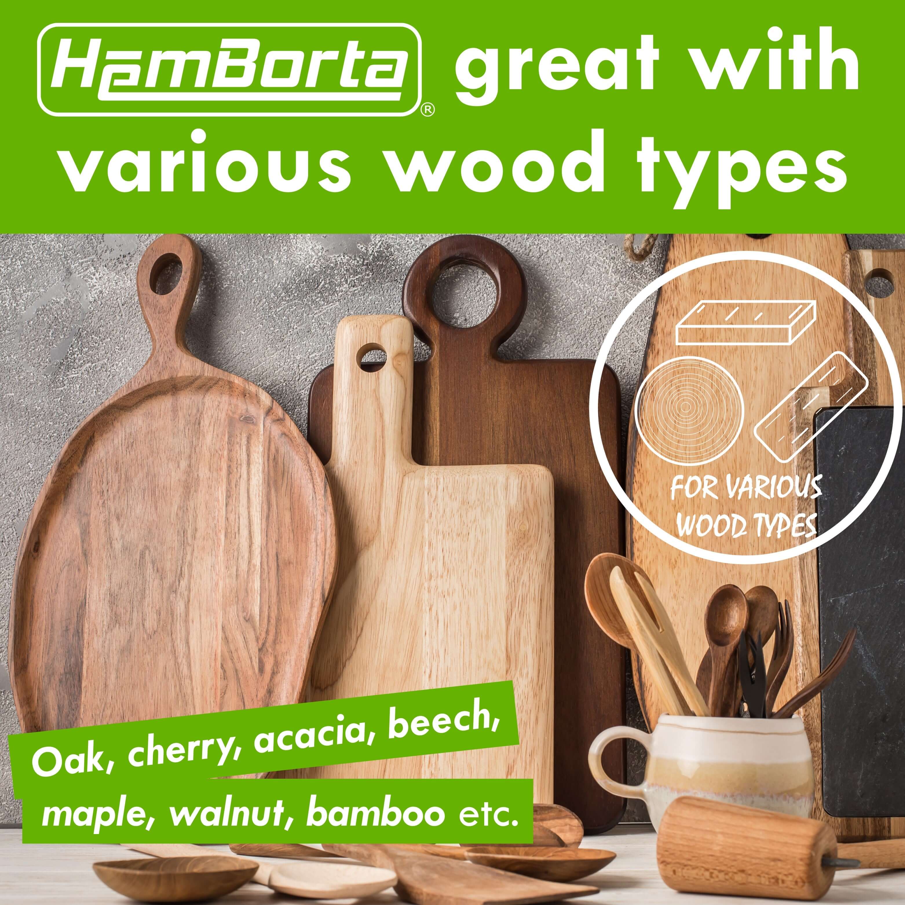 HemBorta chopping board oil suitable for various wood types like oak, cherry, acacia, beech, and walnut.