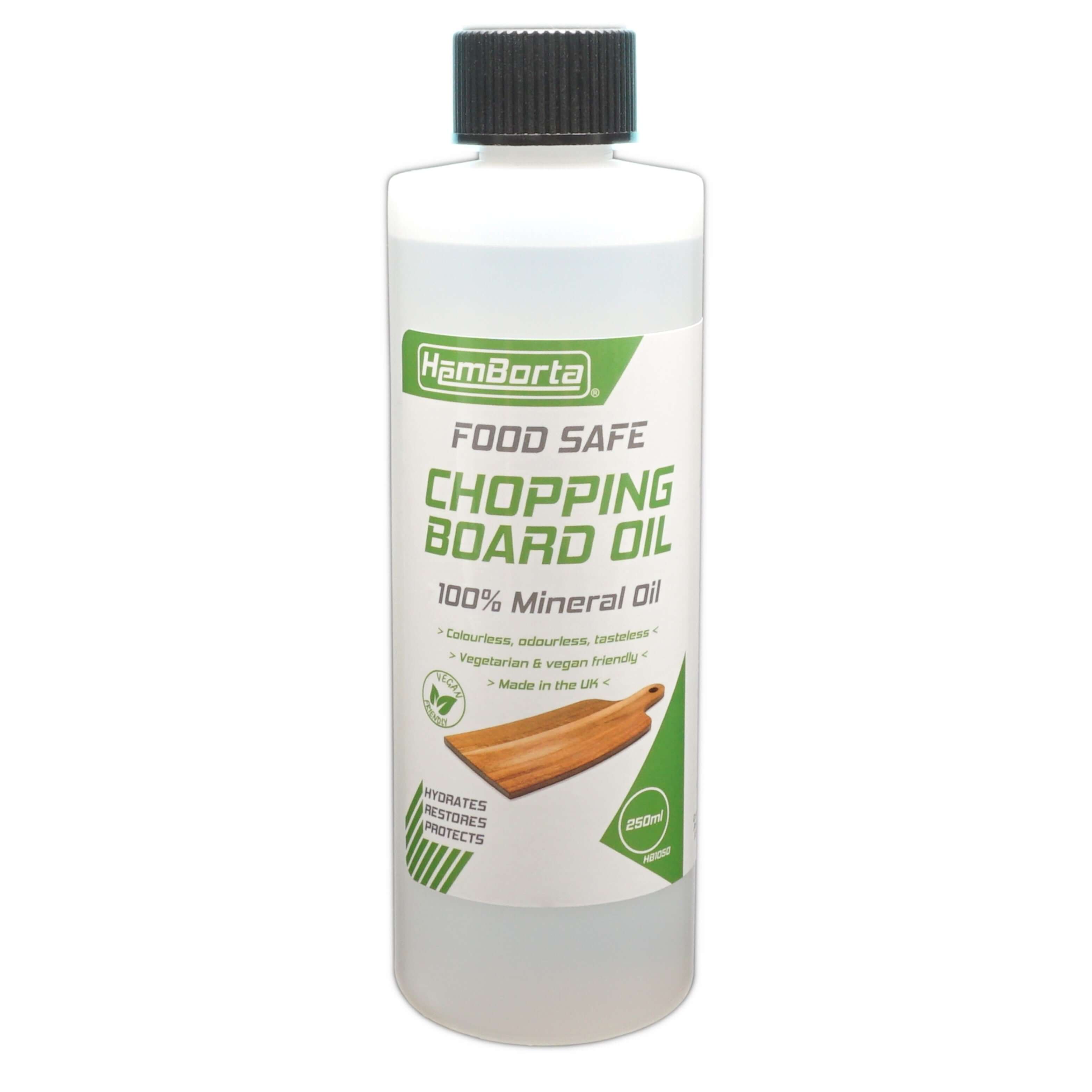 HemBorta food safe chopping board oil 100% mineral oil for wood care, 250ml bottle, hydrates and protects surfaces.