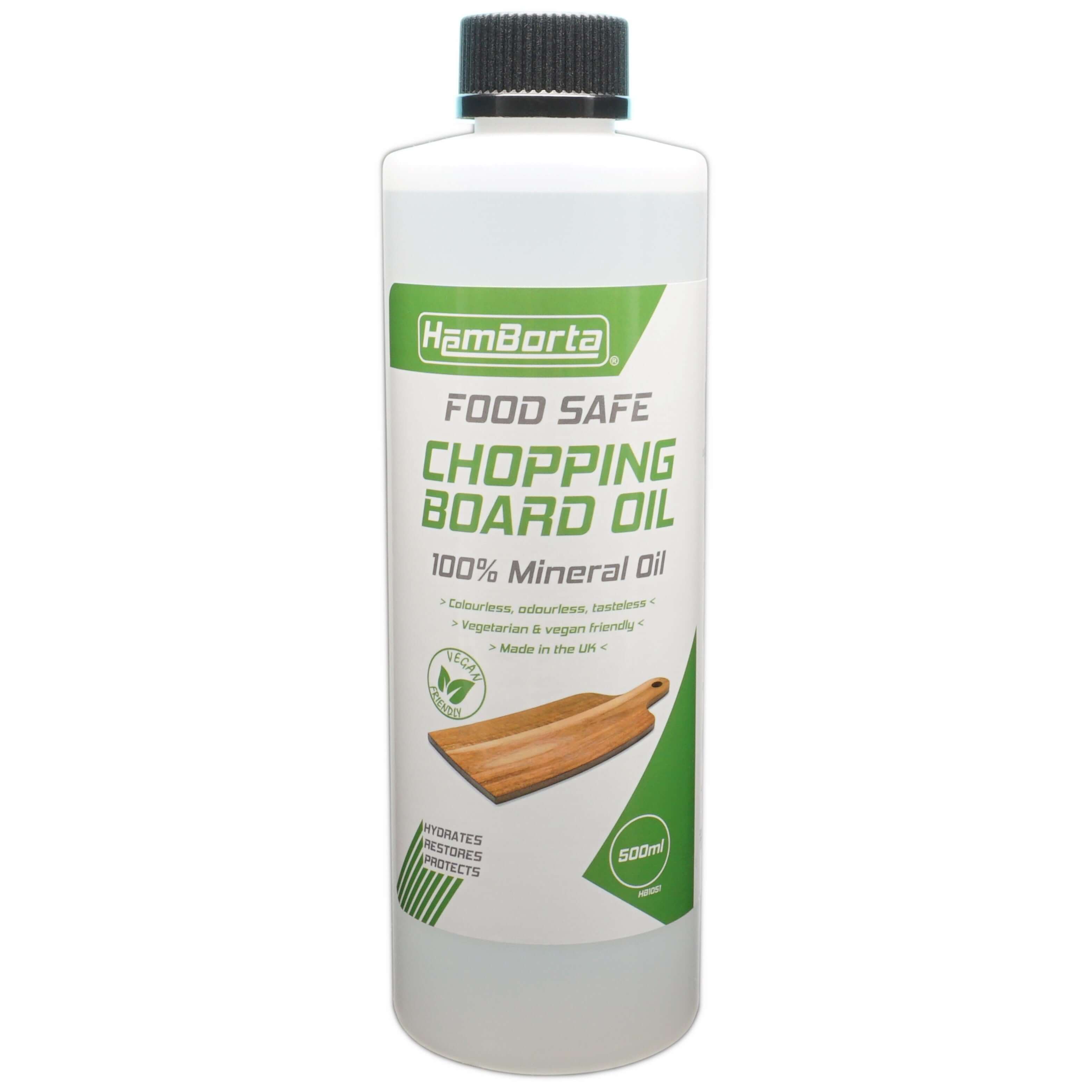 HemBorta food safe chopping board oil 100% mineral oil, ideal for butchers blocks and wooden surfaces, 500ml bottle.