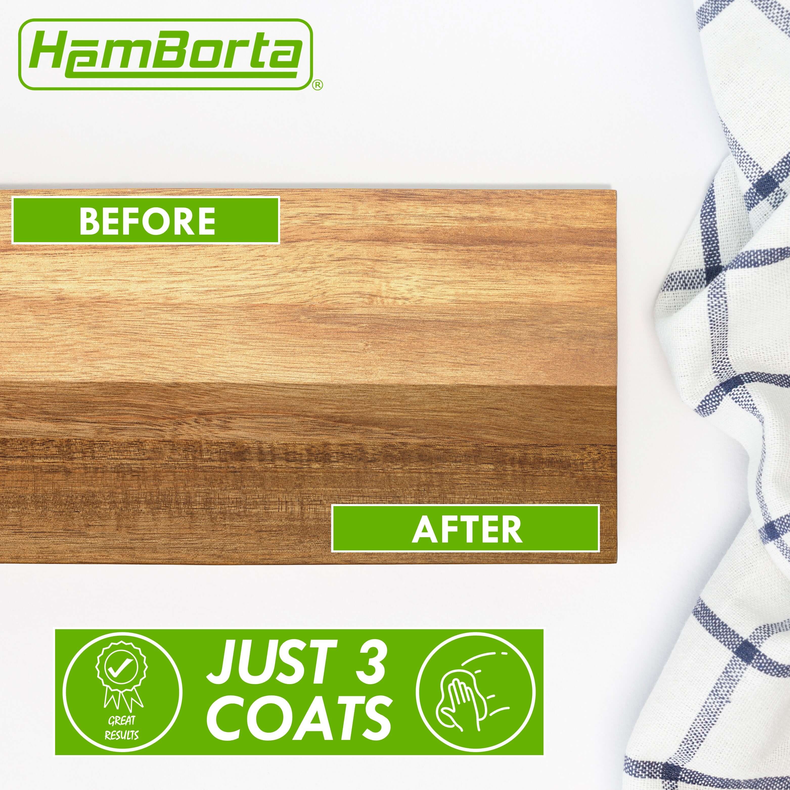 Before and after comparison of a wooden chopping board treated with HemBorta Chopping Board Oil.