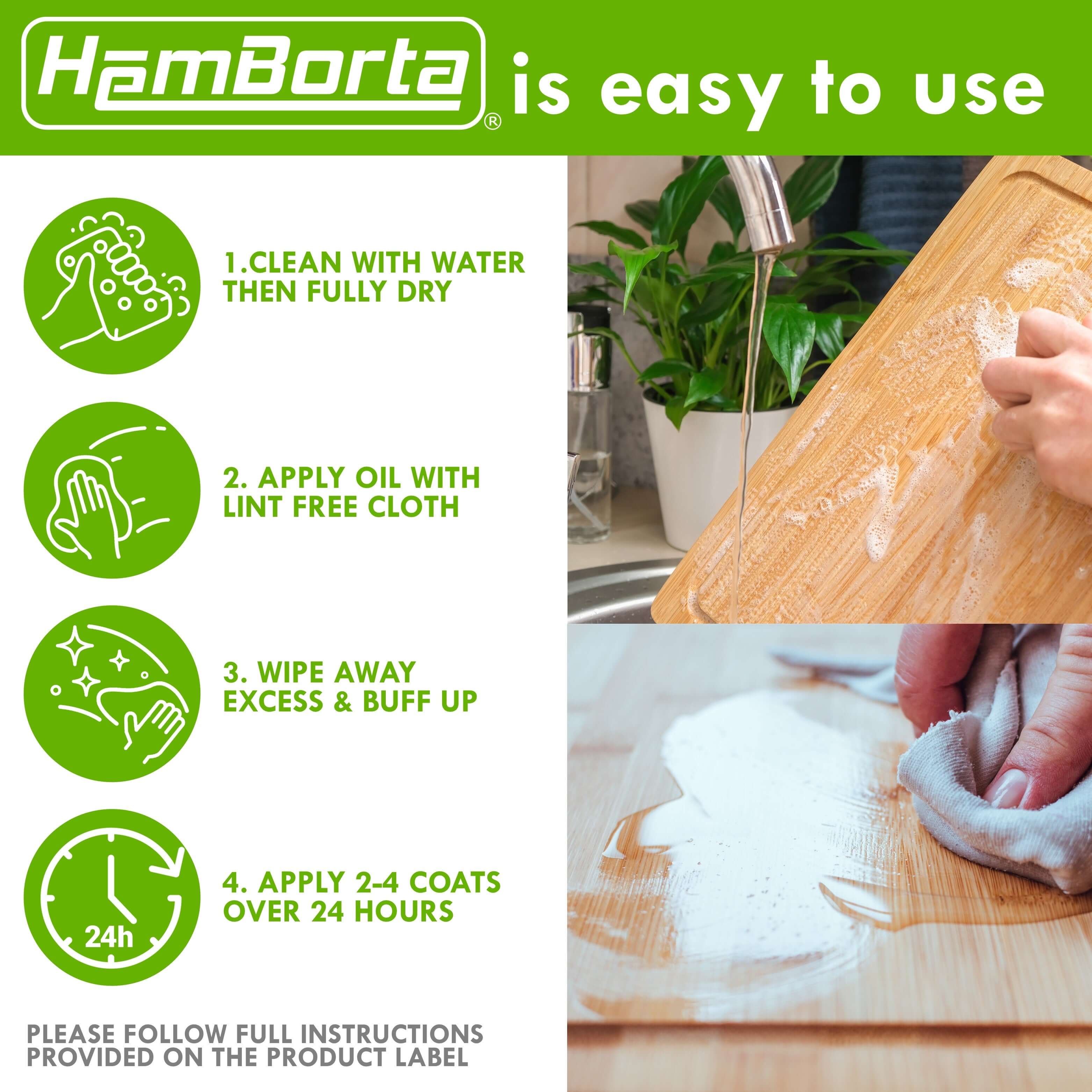 Instructions for using HemBorta chopping board oil to clean, apply, and buff wood surfaces.