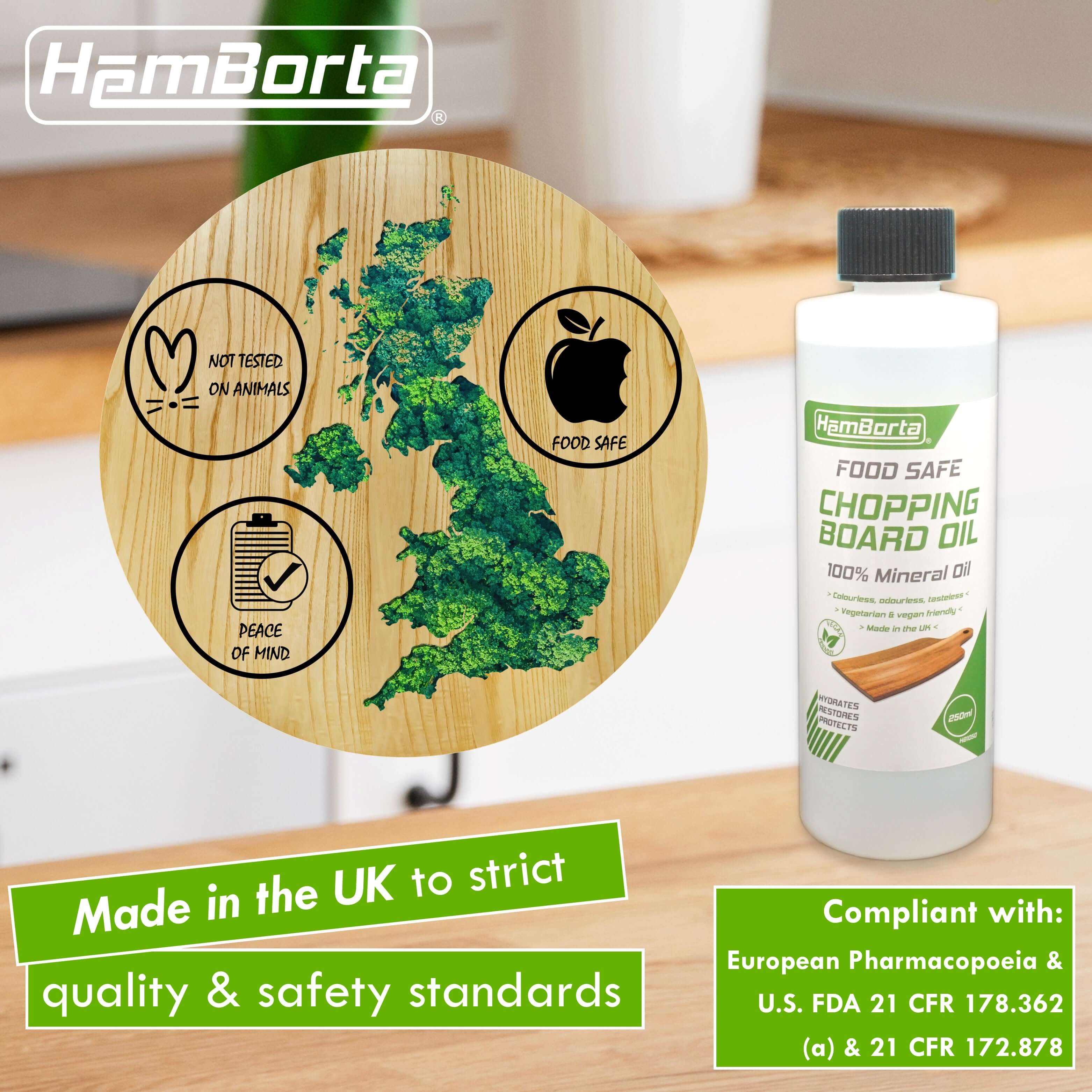 HemBorta Chopping Board Oil bottle beside a wooden cutting board, emphasizing food safety and UK quality standards.