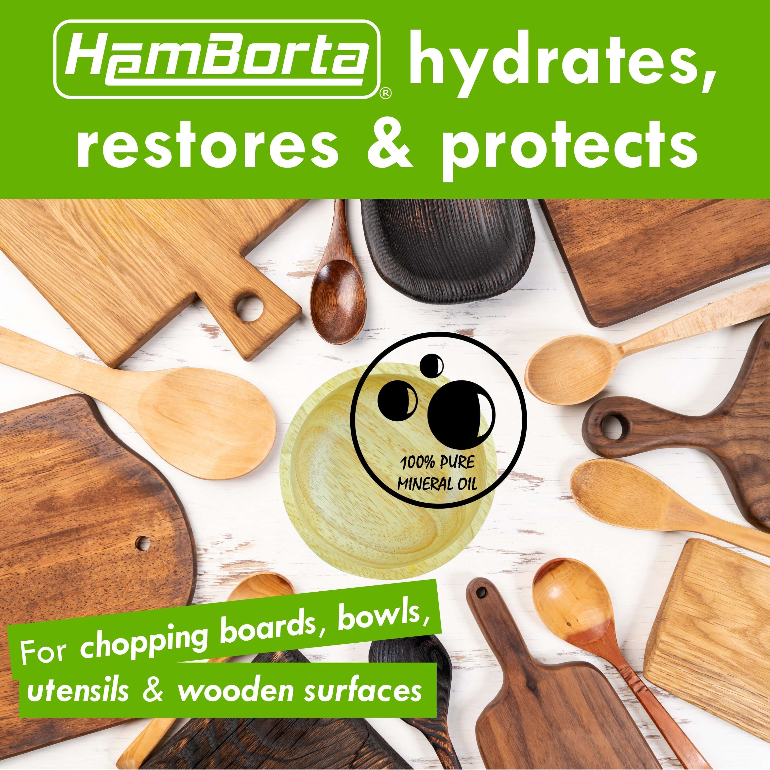 HemBorta mineral oil for chopping boards, butcher blocks, and wooden bowls, hydrating and protecting surfaces.