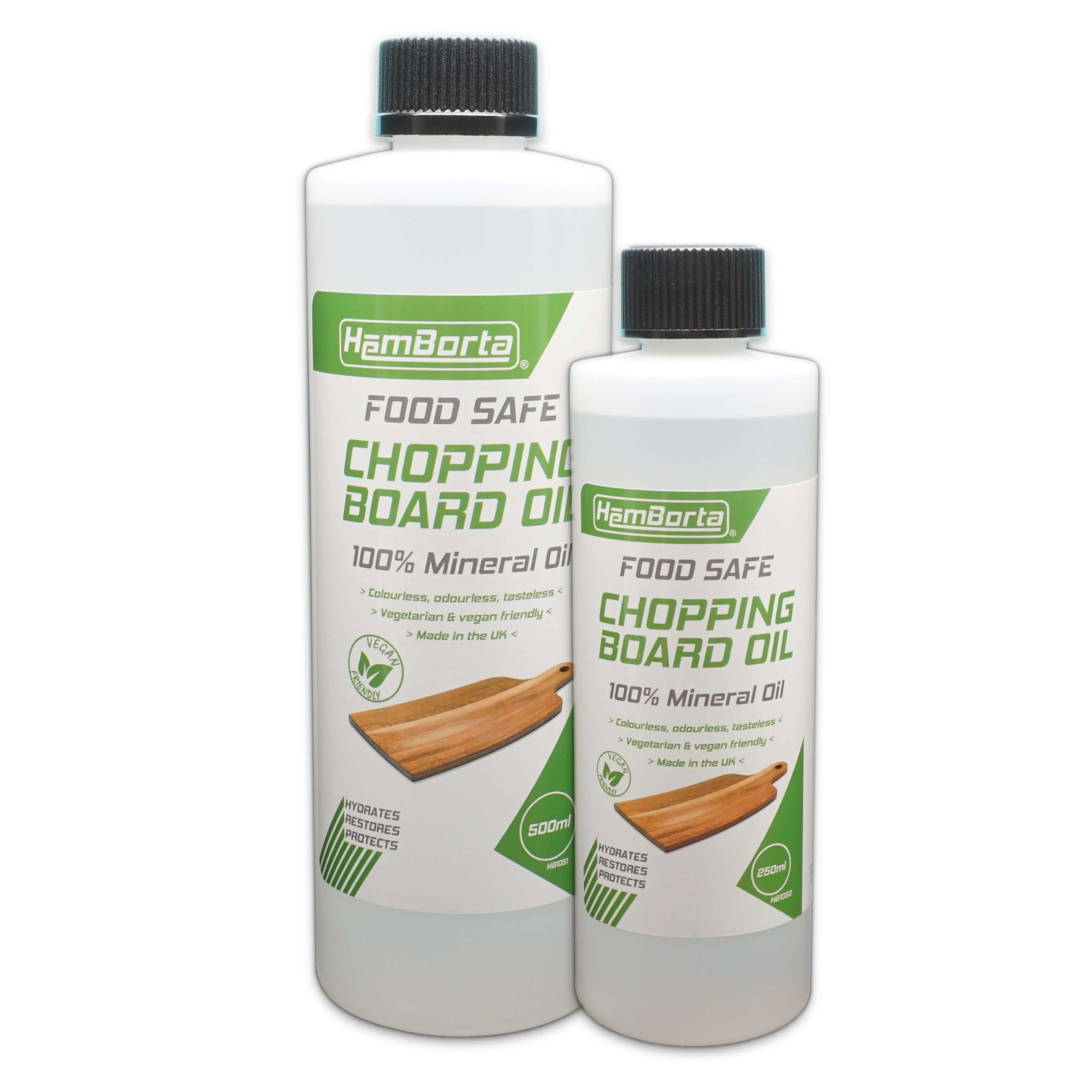 HemBorta Chopping Board Oil, 100% food grade mineral oil for butchers blocks and wooden bowls, 250ml & 500ml bottles.