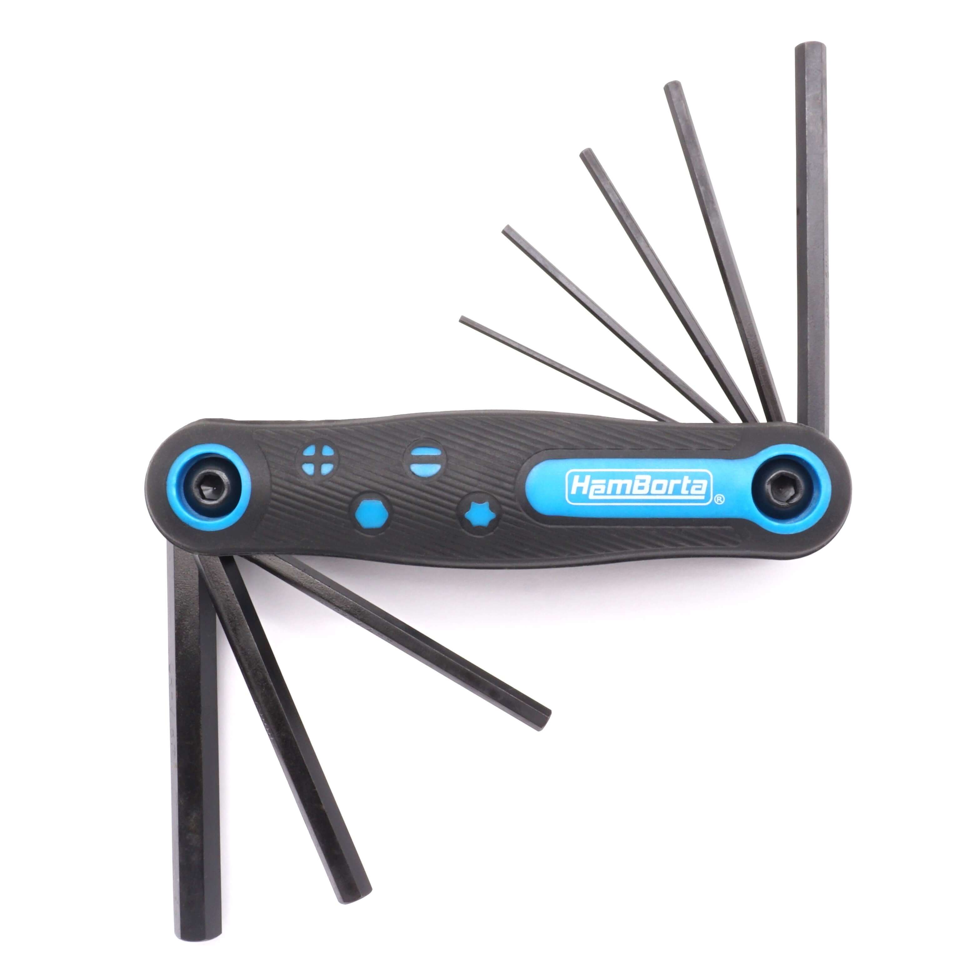 HemBorta 8-piece folding Allen key set with sizes 1.5mm to 8mm, made from durable CRV steel.