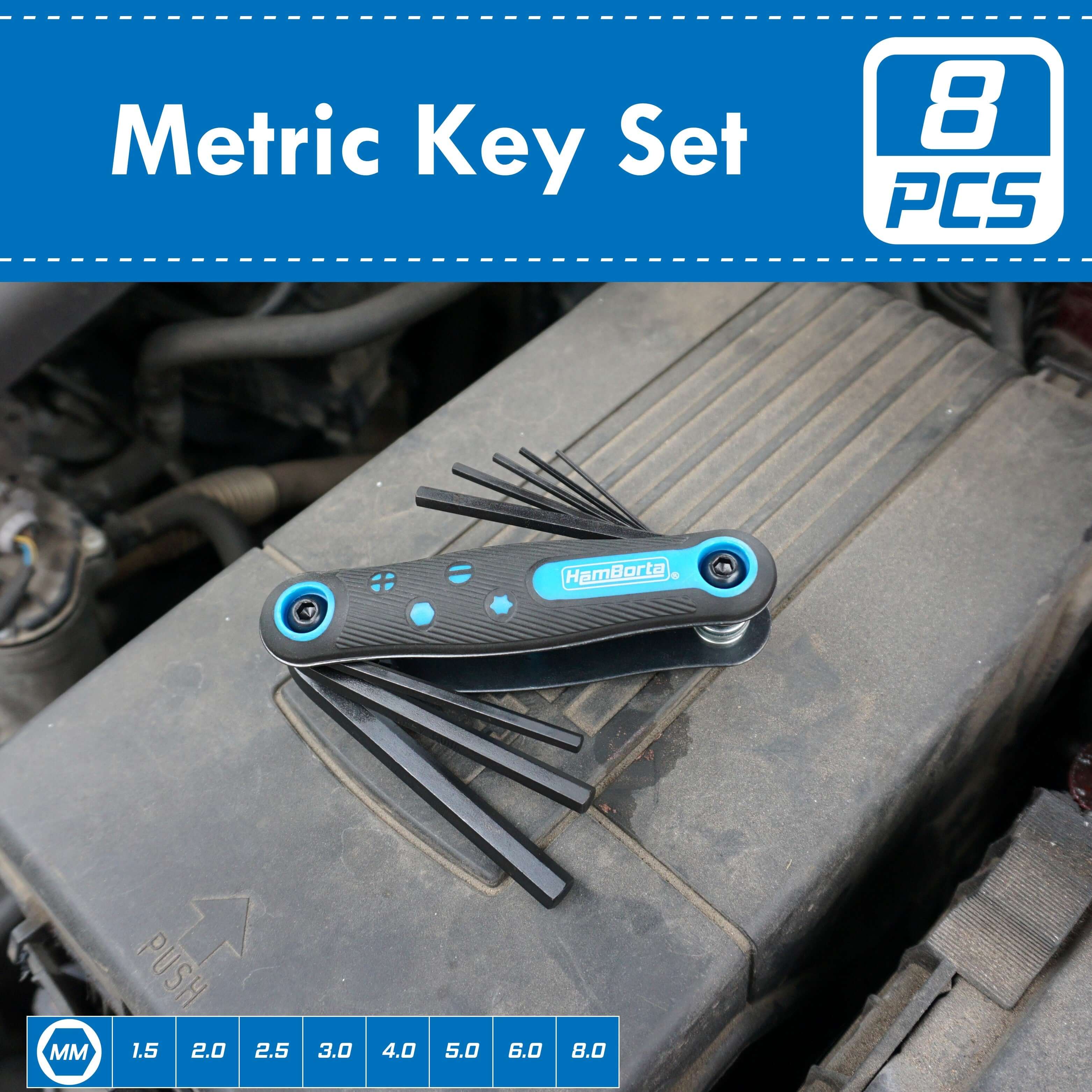HemBorta 8pcs folding Allen key set displayed on a car engine, showcasing sizes 1.5mm to 8mm for vehicle maintenance.