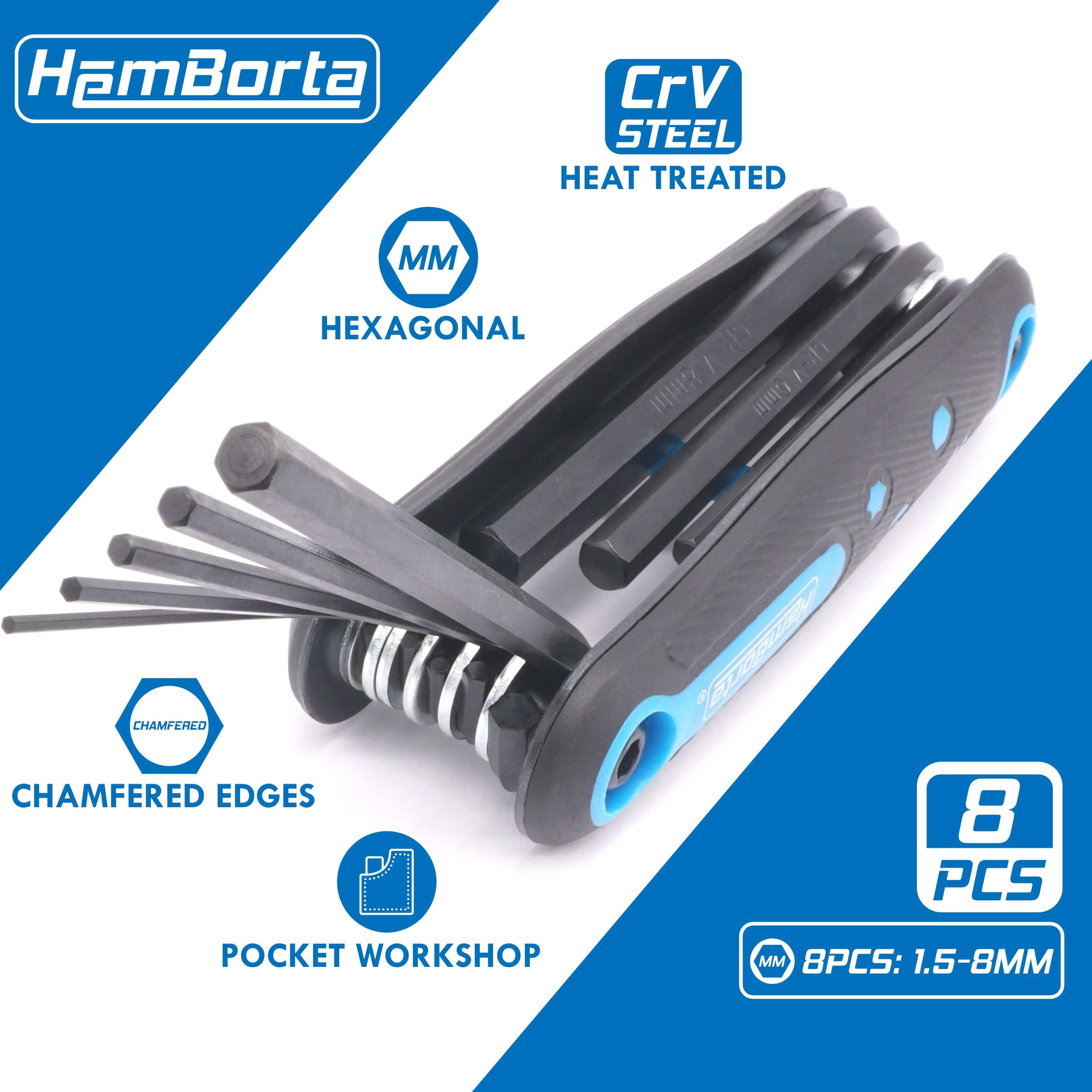 HemBorta 8pc Folding Allen Key Set in CRV steel, heat treated, sizes 1.5mm to 8mm, perfect for portable workshops.