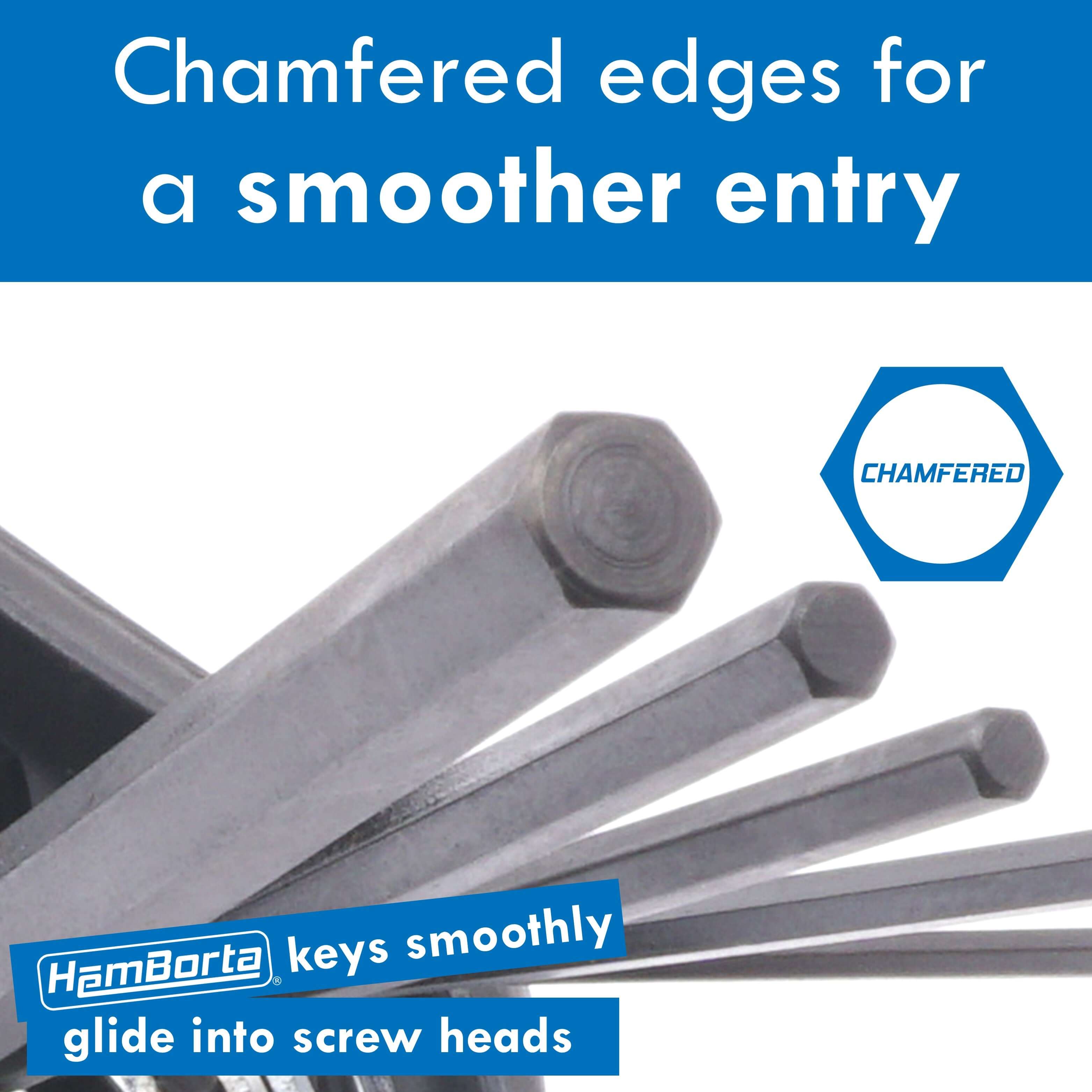 HemBorta Allen key set close-up showing chamfered edges for smoother entry into screw heads.