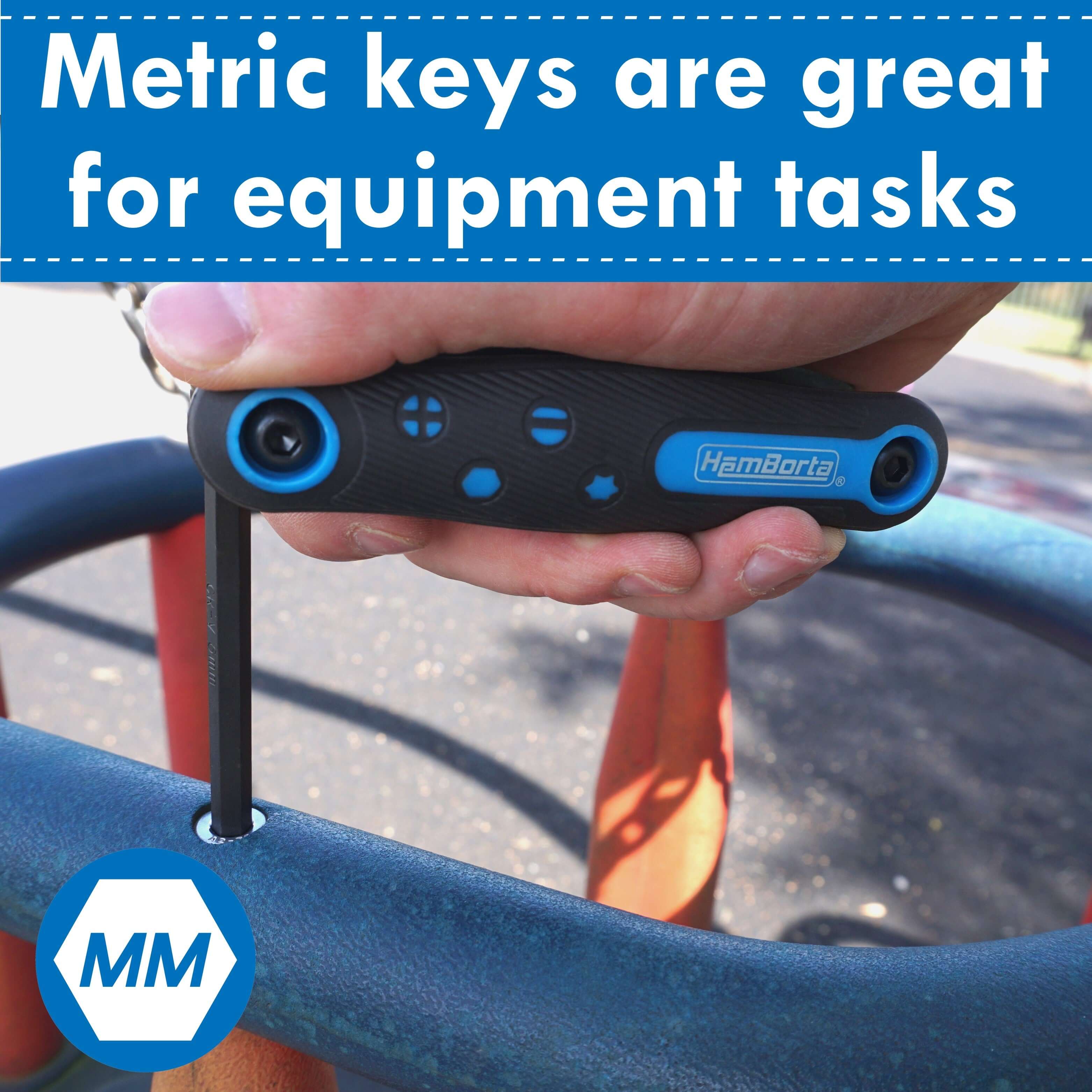 HemBorta metric Allen key in use for equipment tasks on playground equipment.