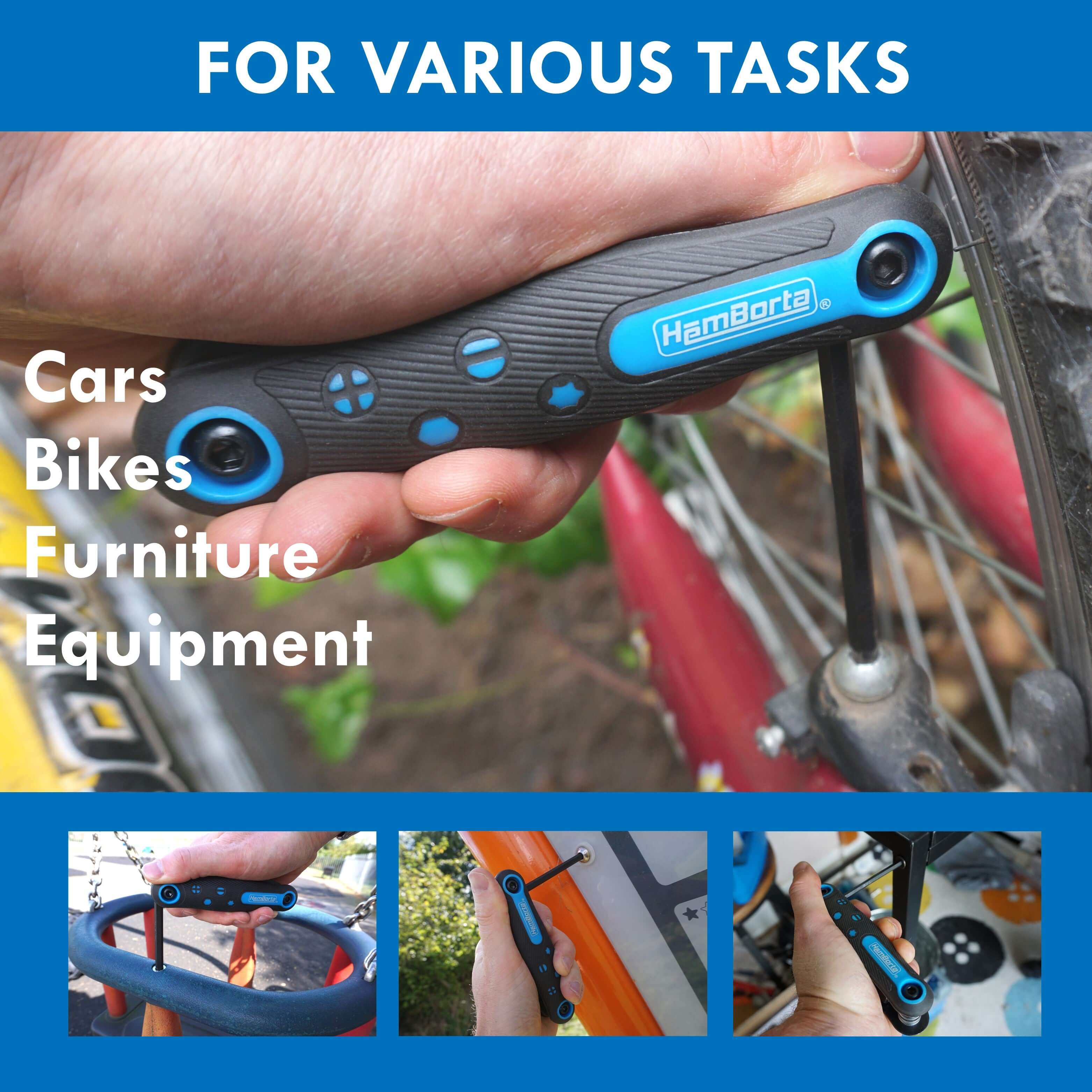 HemBorta tool in use for cars, bikes, furniture, showcasing versatility and ease of use for various tasks.