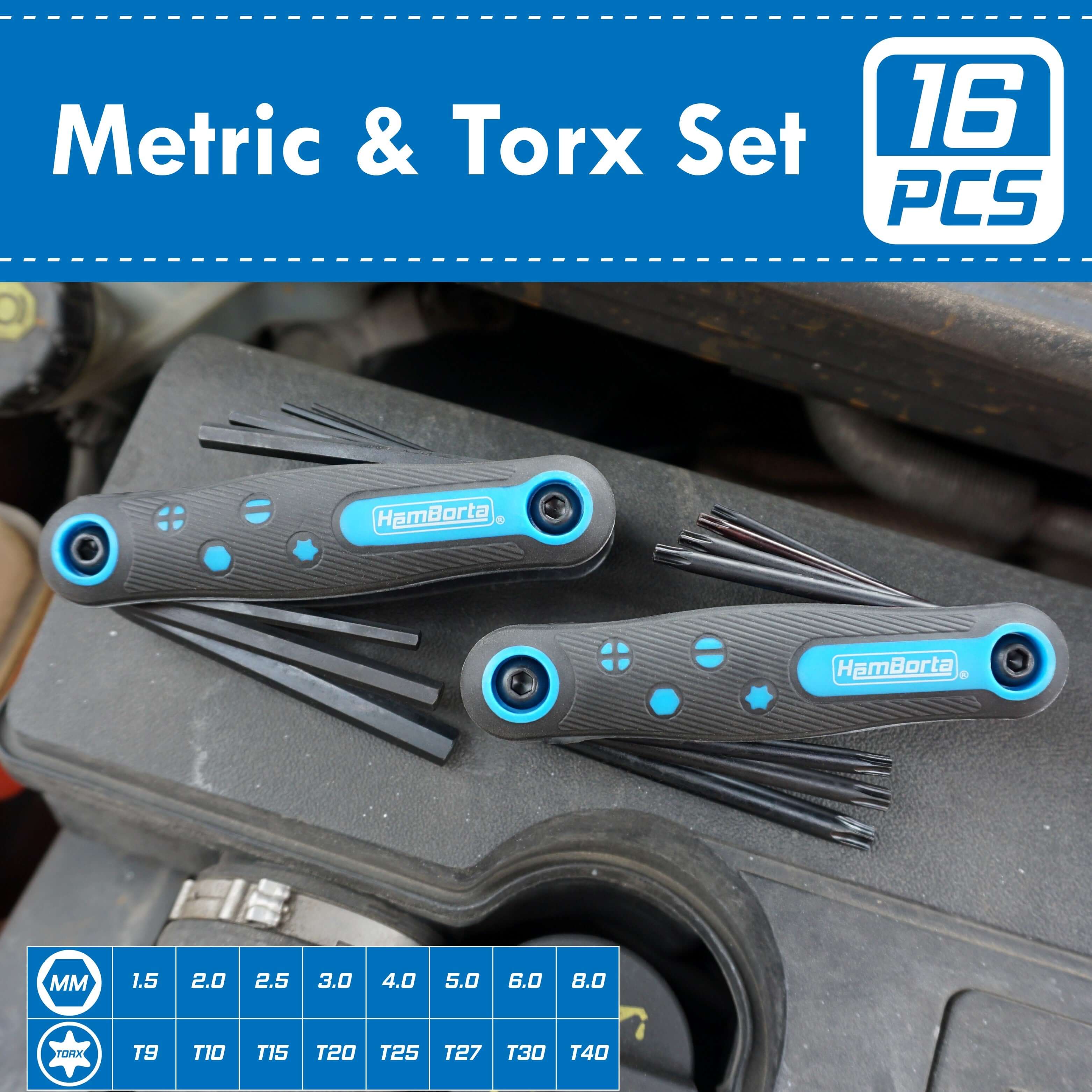 HemBorta 16pc Metric and Torx Folding Key Set displayed on a workbench with key sizes listed.
