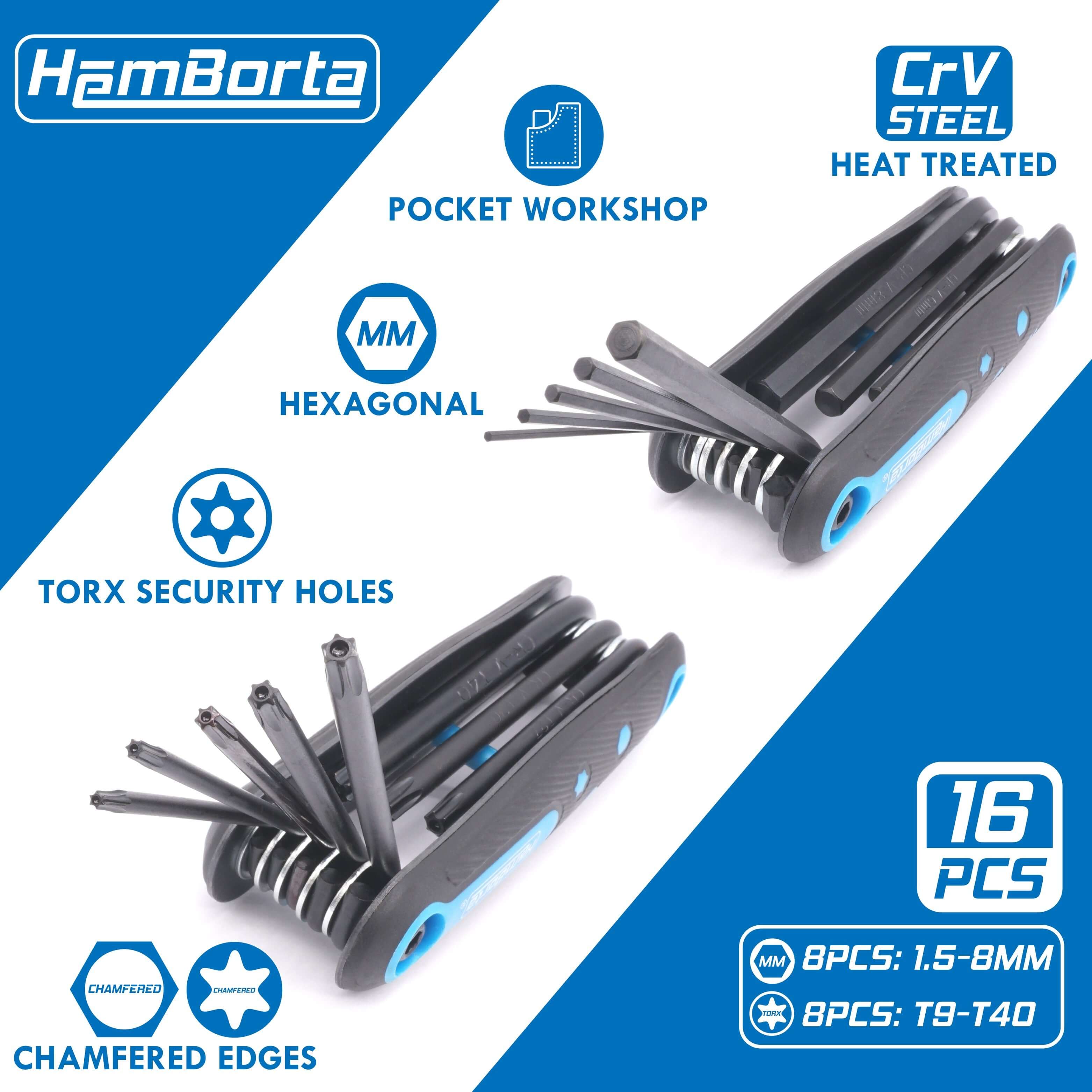 HemBorta 16-piece folding Allen key and Torx key set in CRV steel, featuring hexagonal and Torx security designs.