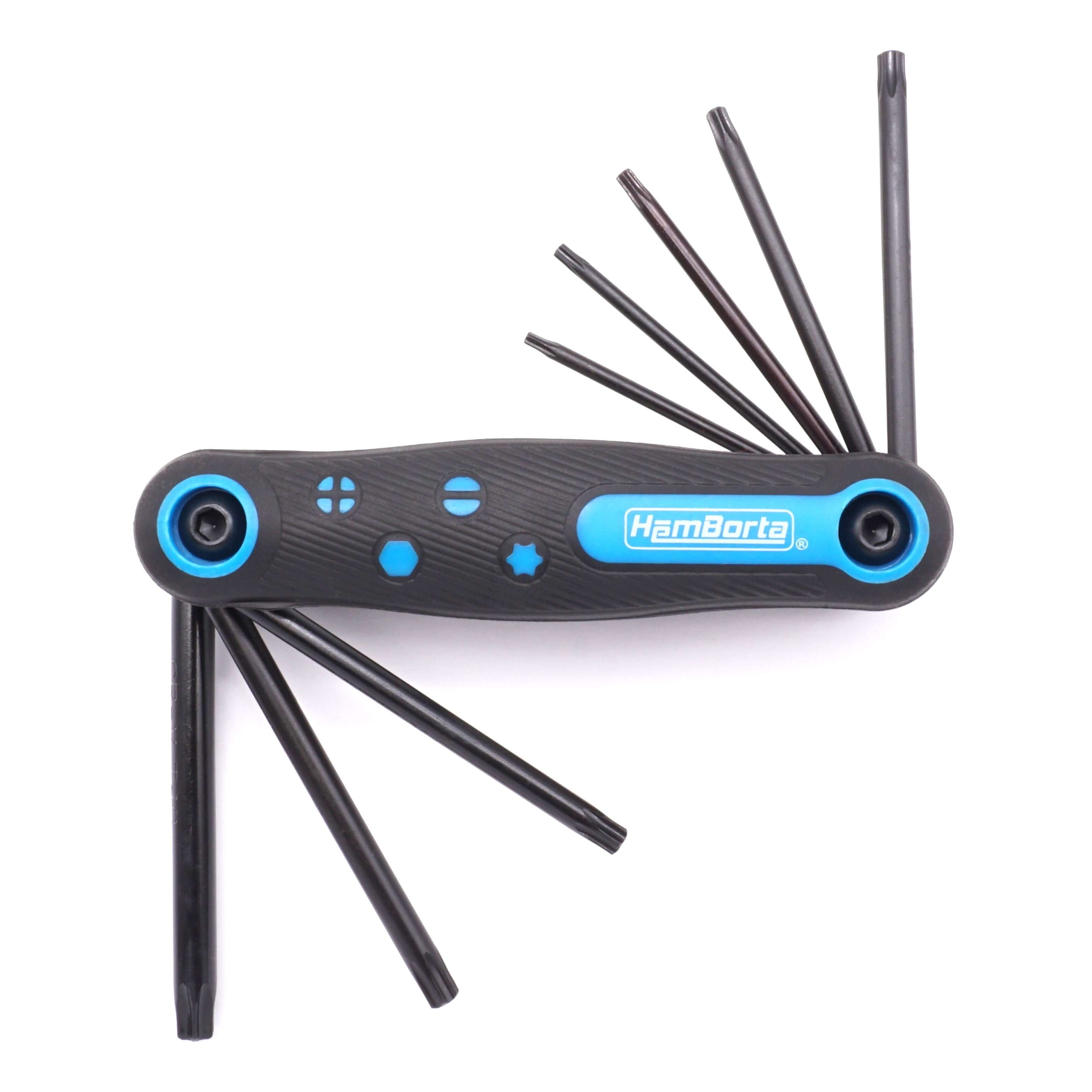 HemBorta 8PC folding Torx key set with T9-T40 keys for security screws, made of durable CRV steel.
