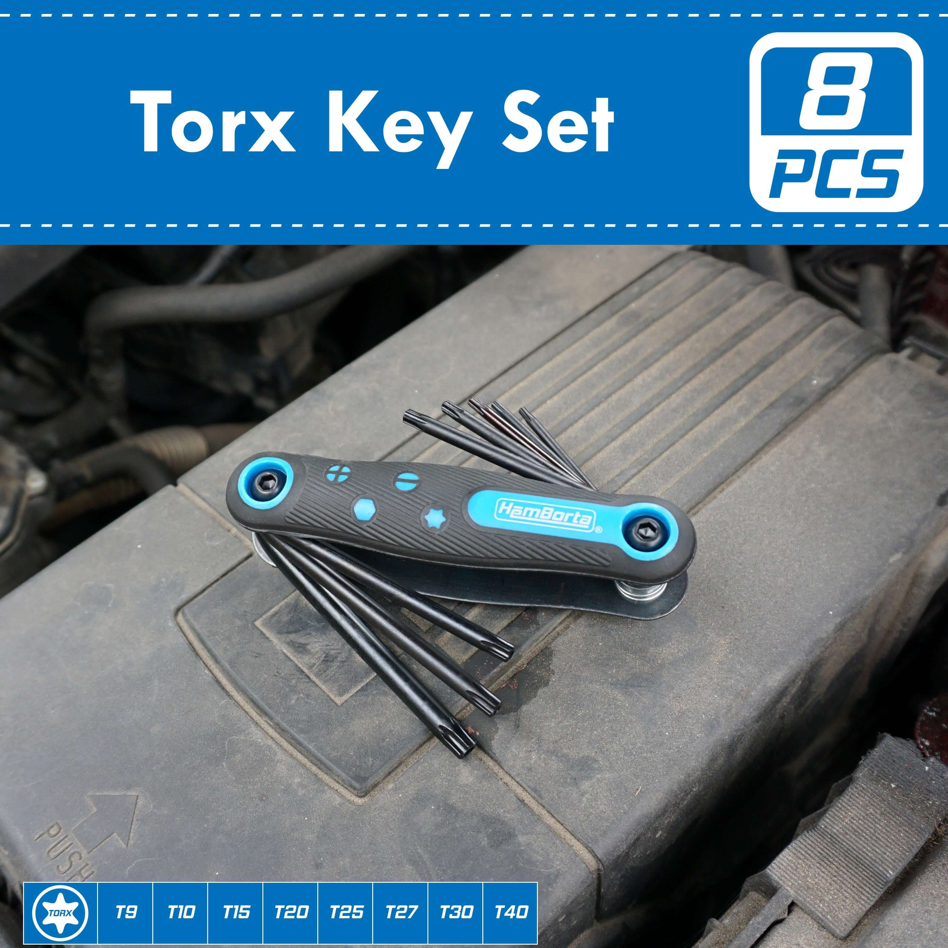 HemBorta 8-piece folding Torx key set with sizes T9-T40 on an engine cover, ideal for security screws.
