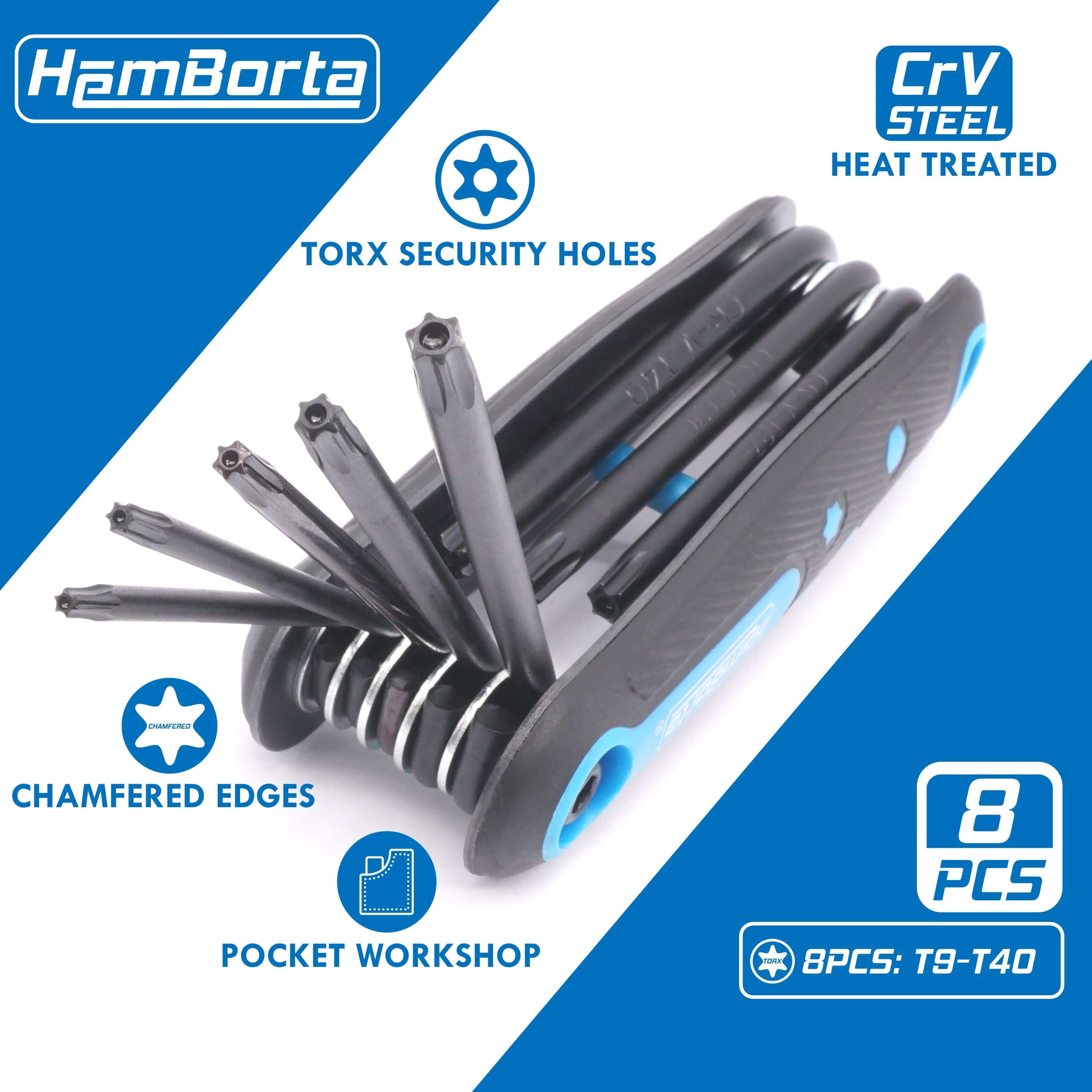 HemBorta 8-piece folding Torx key set with CRV steel, heat treated, featuring T9-T40 sizes and chamfered edges.