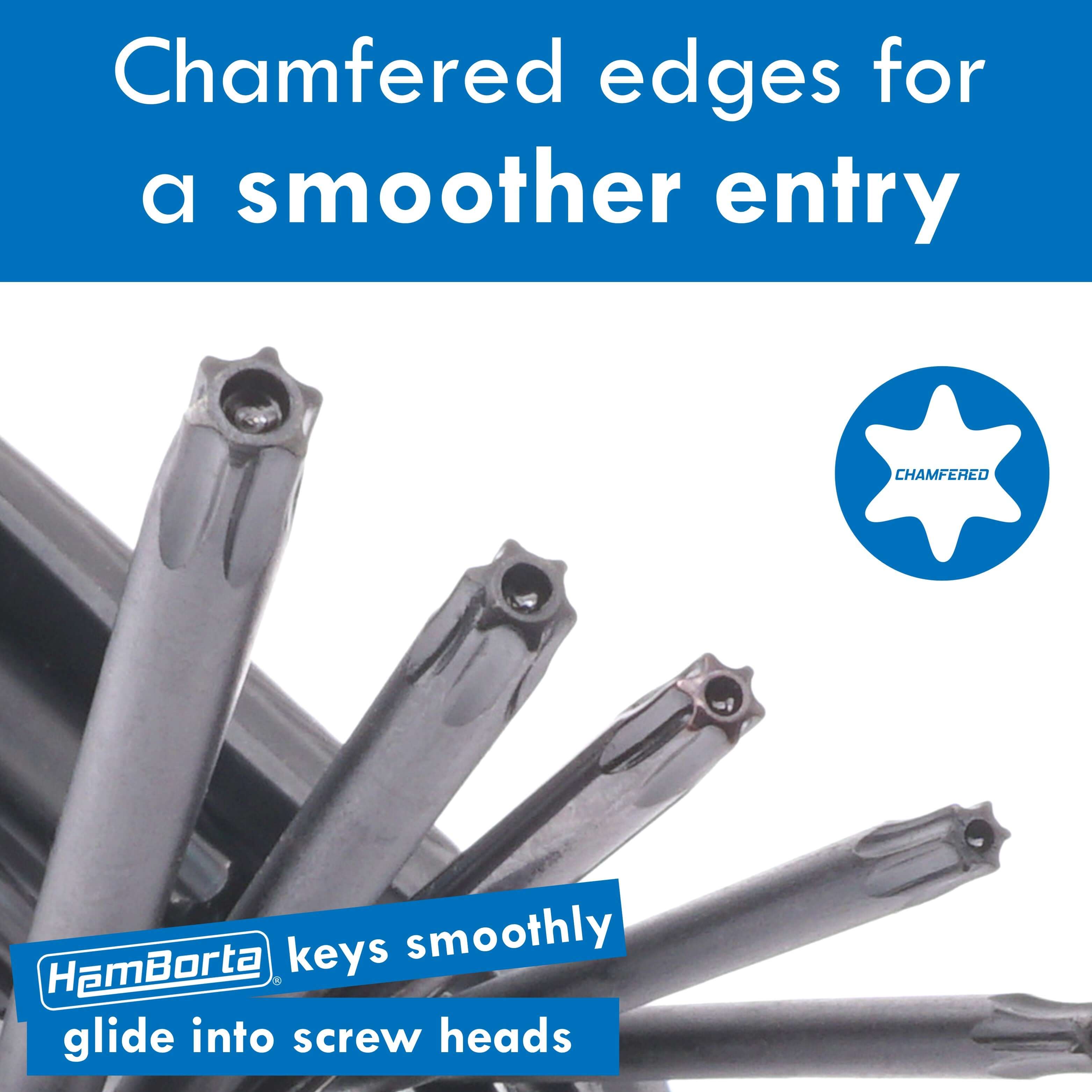Chamfered edge design of HemBorta keys for smoother entry into Torx screw heads.