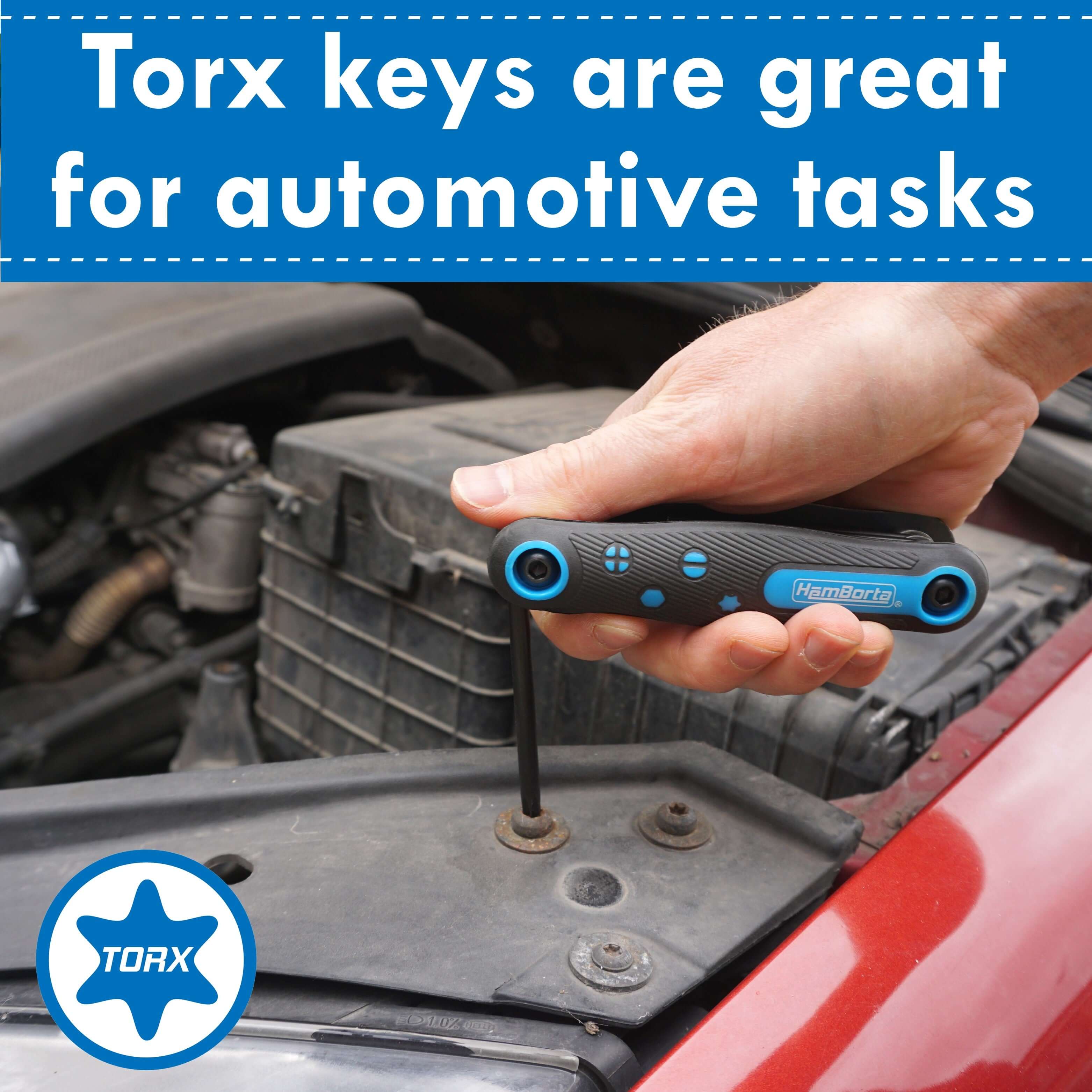 Person using HemBorta Torx key set for automotive repairs, showcasing durability and versatility in tasks.