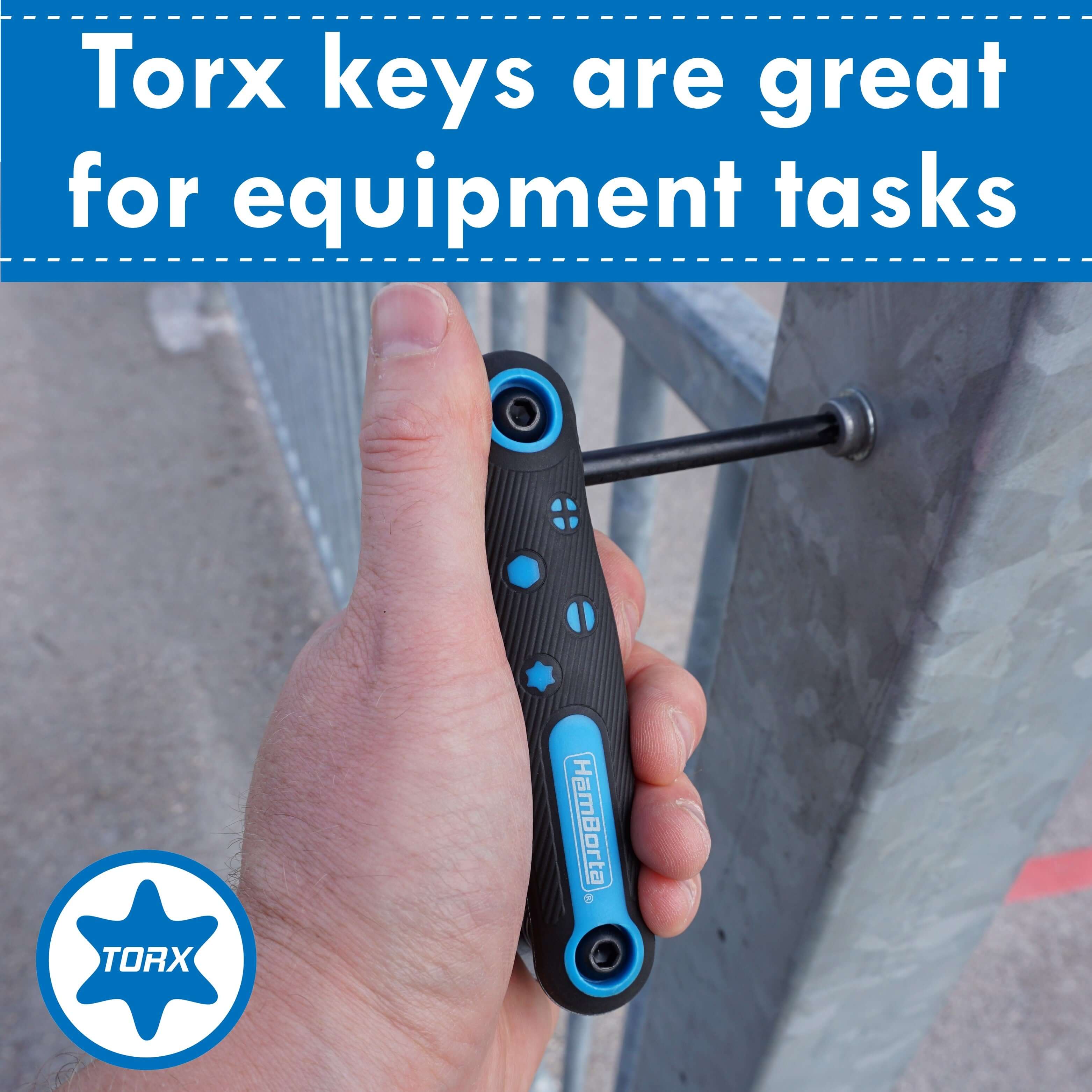 Hand using a HemBorta Torx key for equipment tasks, showcasing ergonomic design and versatility.