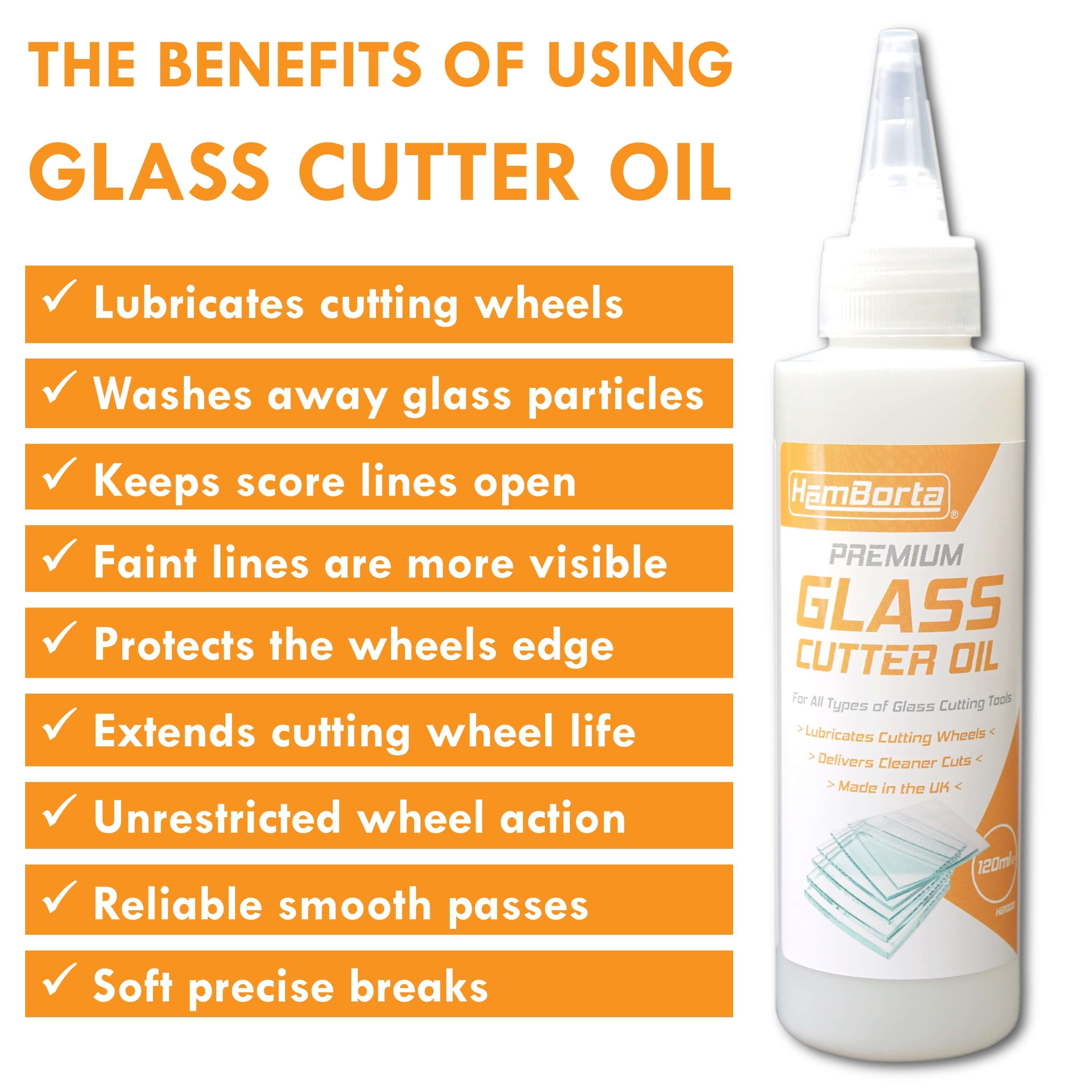 HemBorta Glass Cutter Oil 120ml bottle showing benefits of using glass cutting oil for clean cuts and extended wheel life.
